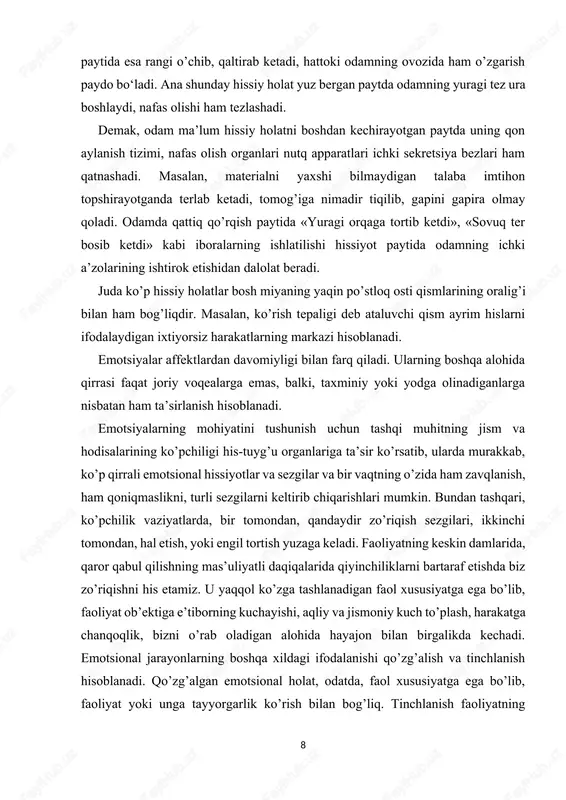 sbatan xulq-atvorining turg’unligida ifodalanadi. qiyinchiliklarga nisbatan barqarorlik, boshqa odamlar xulq-atvoriga nisbatan bardoshlilik tolerantlik ( lot. – bardosh) deb ataladi. emotsiyalar affektlardan davomiyligi bilan farq qiladi. ularning boshqa alohida qirrasi faqat joriy voqealarga emas, balki, taxminiy yoki yodga olinadiganlarga nisbatan ham ta’sirlanish hisoblanadi. emotsiyalarning mohiyatini tushunish uchun tashqi muhitning jism va hodisalarining ko‘pchiligi his-tuyg‘u organlariga ta’sir ko‘rsatib, ularda murakkab, ko‘p qirrali emotsional hissiyotlar va sezgilar va bir vaqtning o‘zida ham zavqlanish, ham qoniqmaslikda ifodalanadi, sezgilarni keltirib chiqarishlari mumkin. bundan tashqari, ko‘pchilik vaziyatlarda, bir tomondan, qandaydir zo‘riqish sezgilari, ikkinchi tomondan, hal etish, yoki engil tortish yuzaga keladi. faoliyatning keskin damlarida, qaror qabul qilishning mas’uliyatli daqiqalarida qiyinchiliklarni bartarf etishda biz zo‘riqishni his etamiz. u yaqqol ko‘zga tashlanadigan faol xususiyatga ega bo‘lib, faoliyat ob’ektiga e’tiboning kuchayishi, aqliy va jsmoniy kuch to‘plash, harakatga chanqoqlik, bizni o‘rab oladigan alohida hayajon bilan birgalikda kechadi. emotsional jarayonlarning boshqa xildagi iodalanishi qo‘zg‘alish va tinchlanish hisoblanadi. qo‘zg‘algan emotsional holat, odatda, …