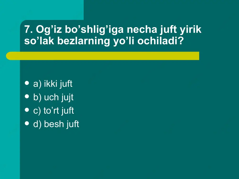 lar qaysi vitaminlarning yetishmasligidan kelib chiqadi? 1.singa 2.raxit 3.demensiya 4. beri-beri 5.shapko’rlik a.d vitamini b.pp vitamini v.a vitamini g.b1 vitamini d. c vitamini a) 1-d/ 2-a/ 3-b/ 4-g/ 5-v b) 1-a/ 2-d/ 3-b/ 4-v/ 5-g c) 1-d/ 2-b/ 3-a/ 4-v/ 5-g d) 1-d/ 2-g/ 3-v/ 4-a/ 5-b 81. chaqoloqlarda qaysi vitamin yetishmasa liqqildoqning bitishi va sut tishlarning chiqishi kechikadi? a) b1 b) a c) e d) d 82. d vitamini yetishmasligidan organizmada tuzlar almashinuvi buziladi, bu tuzlarning va kelib chiqadigan kasallikning nomini belgilang? a) kaliy va natriy, anemiya b) kalsiy va fosfor, raxit c) temir va magniy, bo’qoq d) kaliy va temir, gepatit 83. b1 vitamini qaysi jarayonlarda muxim ro’l o’ynaydi? 1.qo’zg’alish va tormozlanish jarayonlarining normal o’tishida 2.odamning aqliy ish faoliyatining yaxshi bo’lishida 3.organizmning o’sishi rivojlanishida 4.uglevodlar almashinuvida a) 1,2 b) 2,3 c) 3,4 d) 1,4 84. c vitamin… tarkibida ko’p bo’ladi? a) sut maxsulotlari, tuxum b) jigar, no’xat, loviya …