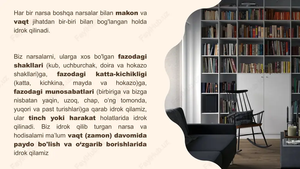 k jarayonlar bilan ham belgilanadi. yurak tepish, nafas olish ritmikasi va organik sezgilar vaqtni idrok qilishda katta rol o'ynaydi, bu hol maxsus tekshirishlar bilan aniqlangan. «sekin o'tayotgandek» buning sababi shunda ekanki, har birining davomi obyektiv suratda bir xilda bo'lgan vaqt bo`lgini, ya’ni soat, daqiqa, soniya va hokazoni hamisha bir xilda sezavermas ekanmiz. vaqtni tez yoki sekin o'tayotgandek sezishimiz shu paytda siz kechirayotgan psixik jarayonlarga bog'liq bo'ladi. ichki organlarning sezgirligi yo'qolgan (anesteziya paydo bo'lgan) bemorlarda l.p. pavlovning fikricha tanamizda boiib turadigan hodisalaming takrorlanib turishi vaqtni idrok qilishda katta rol o'ynaydi. «bir kun davomida, — deb yozadi pavlov, — bosh miya ta’sirlanadi, charchaydi, so'ngra yana kuchini tiklaydi. ovqat hazm qiladigan yoilar vaqt-bevaqt ovqat bilan toiatiladi, ovqatdan bo'shab qoladi va hokazo. binobarin, organning har bir holati katta miya yarim sharlarida aks etishi mumkin boiganligidan ana shuning o'ziyoq bir paytni boshqa paytdan ajratish uchun asos bo`la oladi». mavzuning qanchalik mazmundor bo'lishi odamning vaqtga va …