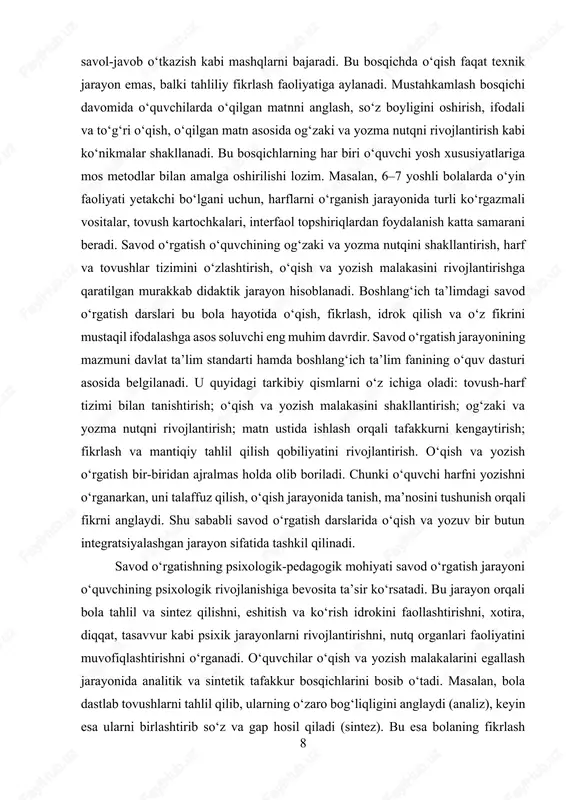i asosida belgilanadi. u quyidagi tarkibiy qismlarni o‘z ichiga oladi: tovush-harf tizimi bilan tanishtirish; o‘qish va yozish malakasini shakllantirish; og‘zaki va yozma nutqni rivojlantirish; matn ustida ishlash orqali tafakkurni kengaytirish; fikrlash va mantiqiy tahlil qilish qobiliyatini rivojlantirish. o‘qish va yozish o‘rgatish bir-biridan ajralmas holda olib boriladi. chunki o‘quvchi harfni yozishni o‘rganarkan, uni talaffuz qilish, o‘qish jarayonida tanish, ma’nosini tushunish orqali fikrni anglaydi. shu sababli savod o‘rgatish darslarida o‘qish va yozuv bir butun integratsiyalashgan jarayon sifatida tashkil qilinadi. savod o‘rgatishning psixologik-pedagogik mohiyati savod o‘rgatish jarayoni o‘quvchining psixologik rivojlanishiga bevosita ta’sir ko‘rsatadi. bu jarayon orqali bola tahlil va sintez qilishni, eshitish va ko‘rish idrokini faollashtirishni, xotira, diqqat, tasavvur kabi psixik jarayonlarni rivojlantirishni, nutq organlari faoliyatini muvofiqlashtirishni o‘rganadi. o‘quvchilar o‘qish va yozish malakalarini egallash jarayonida analitik va sintetik tafakkur bosqichlarini bosib o‘tadi. masalan, bola dastlab tovushlarni tahlil qilib, ularning o‘zaro bog‘liqligini anglaydi (analiz), keyin esa ularni birlashtirib so‘z va gap hosil qiladi (sintez). …