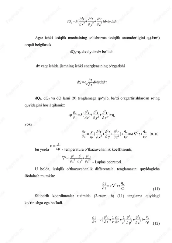 amasi deyiladi. k ni aniqlash uchun, avvalo va larni aniqlash lozim. k ning qiymati har doim eng kichik qiymatidan ham kichikroq bo‘ladi. issiqlik uzatish koeffitsentiga teskari kattalik issiqlik uzatilishining termik qarshiligi deyiladi: (45) agar issiqlik ko‘p qatlamli devor orqali uzatilgan bo‘lsa, u holda (42) formulaning maxrajiga barcha qiymatlarning termik qarshiliklarining yig‘indisini qo‘yish lozim: (46) ko‘p qatlamli davrning issiqlik uzatish koeffitsienti: (47) va umumiy termik qarshiligi: (48) yassi devor sirtlaridagi temperaturalarni aniqlaymiz: agarda va k ma’lum va bo‘lsa, tdev, va t dev2 larni quyidagi formulalardan aniqlash mumkin: 1(t1 - tdev1) =k(t1-t2), (49) 2(tdev2- t2) =k(t1-t2), tdev1= t1- k(t1-t2), tdev2= t2 +(t1-t2). 4.2. bir qatlamli va ko‘p qatlamli silindrik devor orqali issiqlik uzatish 8-rasm. bir jinsli silindrik devor orqali temperaturasi t1 va issiqlik berish koeffitsienti 1 bo‘lgan qaynoq issiqlik tashuvchidan, temperaturasi t2 va issiqlik berish koeffitsienti 2 bo‘lgan sovuq issiqlik tashuvchiga issiqlik uzatilayotgan bo‘lsin (8-rasm). u holda issiqlik oqimi uchun quyidagi uchta …