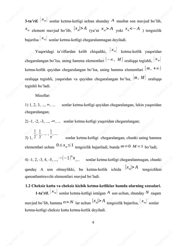 uchun tengsizlik bajarilsa, o’zgarmas son, funksiyaning dagi limiti deyiladi, va (2) bilan belgilanadi.[footnoteref:3] [3: t. azlarov, x. mansurov “matematik analiz”, t.: o'qituvchi, 1-qism, 1989.] 1-ta’rifda faqat yoki bo’lgan qiymatlar qaralsa, funksiyaning chap yoki o’ng limit tushunchasi kelib chiqadi va , (3) bilan begilanadi. 3-ta’rif. limiti bo’lgan funksiyaga cheksiz kichik funksiya (ch. kich. f.) deyiladi. 4-ta’rif. limiti yoki bo’lgan funksiyalarga cheksiz katta funksiya (ch. kat. f.) deyiladi va (4) bilan belgilanadi. limitning ta’rifidan kelib chiqadiki o’zgarmas miqdorning limiti o’ziga teng. 2.1 birinchi va ikkinchi ajoyib limitlar funksiya limitining asosiy xossalari: 1) yig’indining limiti. chekli sondagi funksiyalar algebraik yig’indisining limiti, qo’shiluvchi funksiyalar limitlarining algebraik yig’indisiga teng, ya’ni va funksiyalarning dagi limitlari mavjud bo’lsa, (5) 2) chekli sondagi funksiyalar ko’paytmasining limiti funksiyalar limitlarining ko’paytmasiga teng, ya’ni (6) natija: o’zgarmas ko’paytuvchini limit belgisidan tashqariga chiqarish mumkin, ya’ni, (7) 3) ikkita funksiya nisbatining limiti, maxrajning limiti nњldan farqli bo’lsa, bu funksiyalar limitlarining nisbatiga teng, ya’ni …