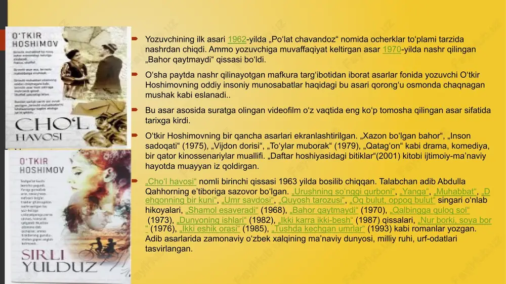 igan sinfiy bo'linishlar va ijtimoiy to'siqlar bilan ham yuzma-yuz olib keladi, natijada martinning o'z shaxsiyati va jamiyatdagi o'rni bilan ichki kurashiga olib keladi. o‘tkir hoshimovning “tushda kechgan umrlar “ asarida inson borlig‘ining murakkabliklari, ma’no izlanishlari, voqelik va illyuziya o‘rtasidagi noaniq chegaralar yoritilgan. romanning tuguni yoki voqealar rivojiga turtki bo‘lib xizmat qiladigan nuqta qahramonning voqelikni o‘z idrokidagi mo‘rtligini anglashidadir. “tushda kechgan umrlar “ asarida bosh qahramon bir qator voqealarga duch keladiki, uning nima haqiqat va nima xayolda ekanligini tushunishiga shubha qiladi. bu qarama-qarshilik, u chuqur shubha yoki umidsizlik lahzasini boshdan kechirganida, uning e'tiqodlari poydevorini silkitib, uning mavjudligining mohiyatini shubha ostiga qo'yishga majbur qiladigan tanqidiy nuqtaga etadi. bu lahza muhim voqea yoki vahiy bo'lishi mumkin, bu uning idrok etilgan haqiqati illyuziyasini ochib beradi va uni o'zini o'zi kashf qilish va introspektsiya sayohatiga boshlashga undaydi. asar kulminatsiyasi jek londonning “martin eden” asarida voqealar rivojiga turtki bo‘lib xizmat qiladigan tugun martin idenning intellektual va …
