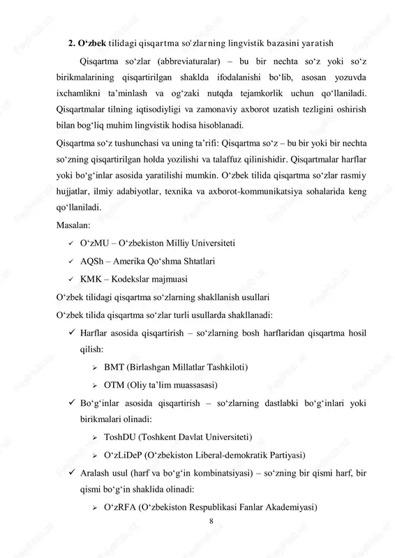  btw (by the way – aytgancha) bugungi kunda qisqartmalar tilning ajralmas qismiga aylangan va ijtimoiy hamda texnologik taraqqiyotga mos ravishda rivojlanib bormoqda. o‘zbek tilida qisqartma so‘zlar uzoq tarixiy taraqqiyot yo‘lini bosib o‘tgan. sovet davrida rus tilidan ko‘plab qisqartmalar o‘zlashtirilgan bo‘lsa, mustaqillik yillarida milliy xususiyatga ega qisqartmalar shakllandi. hozirgi kunda esa globalizatsiya ta’sirida xalqaro qisqartmalar ham keng qo‘llanilmoqda. kelajakda qisqartmalar yanada rivojlanib, yangi sohalar va texnologiyalar bilan bog‘liq yangi qisqartmalar paydo bo‘lishi kutilmoqda. o‘zbek tilidagi qisqartma so‘zlarning lingvistik bazasini yaratish – ularni to‘plash, tasniflash, va tizimlashtirishga asoslangan ilmiy-amaliy jarayondir. bu jarayon qisqartmalarni izchil o‘rganish, ularning kelib chiqishi va qo‘llanilish sohalarini tahlil qilish hamda ularni umumiy lingvistik bazaga kiritish orqali amalga oshiriladi. lingvistik bazani yaratishning usullari: qisqartma so‘zlar lingvistik bazasini shakllantirish quyidagi usullar orqali amalga oshiriladi:  korpus lingvistikasidan foydalanish  o‘zbek tilidagi matnlar (rasmiy hujjatlar, ilmiy maqolalar, gazeta va internet materiallari) elektron korpusiga asoslangan holda qisqartmalarni ajratib olish.  statistik …