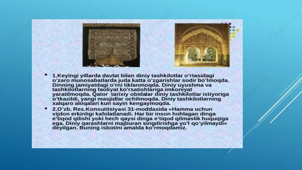 k mavzusi har tomonlama ko‘rib chiqildi. din va hurfikrlilik tushunchalari: ularning ta'riflari, rivojlanish tarixi, va jamiyatdagi o‘rni. hurfikrlilik va erkin bilim olish: insonning erkin fikrlash huquqi va uning jamiyatdagi ahamiyati. din va hurfikrlilikning o‘zaro munosabatlari: ularning o‘zaro to‘qnashuvlari va muvozanatini saqlash zarurati. o‘zbekistonda din va hurfikrlilik: din va hurfikrlilik masalalari, mavjud muammolar, va davlatning roli. xulosa qilib aytganda, hurfikrlilik va din bir-birini to‘ldiruvchi qadriyatlar sifatida jamiyatda muvozanatni ta’minlaydi va insoniyat rivojiga hissa qo‘shadi. hurfikrlilikni targ‘ib qilish va uni amalda qo‘llashda har bir shaxsning o‘rni muhim: ochiq fikr bilan yondashish: turli fikr va qarashlarga hurmat bilan qarash. o‘z-o‘zini rivojlantirish: tanqidiy fikrlash va bilimlarni doimiy yangilash. tolerantlikni targ‘ib qilish: bag‘rikenglik va hurmat tamoyillarini qo‘llab-quvvatlash. ijtimoiy mas'uliyat: hurfikrlilik va din o‘rtasidagi muvozanatni saqlash va jamiyatda tinchlikni targ‘ib qilish. shaxsiy yondashuvimiz hurfikrlilikning keng yoyilishi va barqaror jamiyat yaratilishiga hissa qo‘shadi. kelajak uchun tavsiyalar: ta'lim va xabardorlik: diniy va hurfikrlilik asoslarini yosh avlodga o‘rgatish. tolerantlikni …