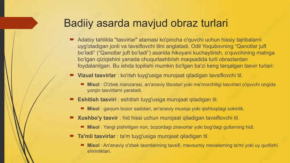 urli qirralarini o‘zida mujassam etgan bo‘lib, milliy xarakter va madaniy merosning yorqin tasvirini ta’minlagan. ishda tasvirlangan millatning ba'zi asosiy elementlari: milliy urf-odatlar va urf-odatlar hospitality (mehmondo'stlik): mehmondo‘stlik o‘zbek madaniyatining tamal toshi hisoblanadi. romanda mehmonlarni iliq kutib olish, eng yaxshi ovqat va turar joy taklif qilish sahnalari aks ettirilgan bo‘lsa kerak, bu o‘zbeklarning tashrif buyuruvchilarga katta hurmat va saxovat bilan munosabatda bo‘lish an’analarini aks ettiradi. misol : qahramonlar mehmonlar uchun taomlarni baham ko'rish va jamoat rishtalarini o'rnatish muhimligini ta'kidlab, mazali taomlar tayyorlashlari mumkin. an'anaviy o'zbek oshxonasi : o'zbek madaniyatida taom muhim o'rin tutadi, buning uchun palov (go'sht va sabzavotli guruchli taom), samsa (mazali pishiriqlar) va naan (non) kabi taomlar asosiy hisoblanadi. ushbu taomlarni tayyorlash va ulashish ijtimoiy yig'ilishlar va bayramlarning ajralmas qismi sifatida tasvirlangan. misol : katta qozonda (qozonda) palov pishiriladigan oilaviy yig'ilishning tavsifi ovqat tayyorlash va iste'mol qilishning umumiy tomonini ta'kidlashi mumkin. oila tarkibi va rollari : o‘zbek madaniyatida oilaning …