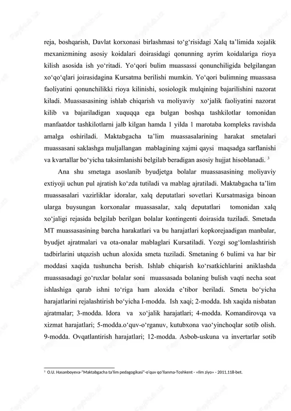 summasi bilan va smeta qachon to‘zilayotganiga qarab utgan davrdagi xaqiqiy harajatlar miqdori bilan kiritilgano‘zgartishlar hisobga olingan xolda taqqoslab keltiriladi. kursatilgan ma`lumotlarni taqqoslashda smetani ijro etish jarayonida yo‘z bergan chetlanishlarni aniklash, bu chetlanishlarning sababini topish, shu asosda kelasi yilgi harakatlar miqdorini tugri belgilash kerak. maktabgacha bolalar muassasalari smeta to‘zish vaqtida yana kelasi yilgi muassasaning ish ko‘rsatkichlari (go‘rux va bolalar sonining ortishi, bolalarning muassasada bulish vaqti va xokozolar) bo‘yichao‘zi buysungan yo‘qori tashkilotning kursatmalariga amal kiladi. smetada kiritilgan harajatlar smeta blanqasiga keltirilgan hisob-kitoblar bilan asoslangan bulishi shart. smetaga hisob-kitoblar bilan birga maktabgacha tarbiya muassasasi egallash to‘rgan bino xaqida umumiy ma`lumotlar (uning kubato‘rasi, maydoni, istish sismavzusi, vodoprovod, qanalizasiya mavjudligi) va muassasaning va kulamiga oid ko‘rsatkichlar (go‘rux bolalar soni va xokozolar) ham keltiriladi. smetaga maktabgacha tarbiya muassasasining pedagog, medisina va boshqa xodimlari tarifiqasiya ro‘yxati albatta ilova qilinishi shart. mazkur ro‘yxat ikki nusxada tuziladi. smeta loyixasi tegishli ilovalar bilan maktabgacha tarbiya bolalar muassasalari tomonidan belgilangan muddatga …