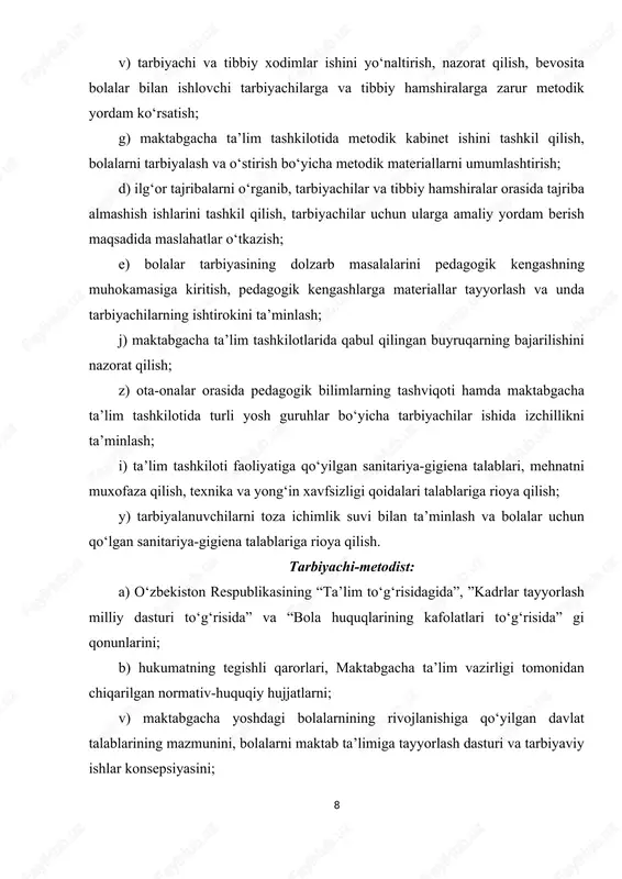 tini qozonish va ularga o‘z vazifalarini muvaffaqiyatli bajarishlarida yordam berish uchun uslubchi qanday uslubchilik sifatlariga ega bo‘lishi kerak? uslubchi faqat yaxshi nazariy tayyorgarlikkagina emas, balki bilimlarni amalda qo‘llash ko‘nikmasiga ham ega bo‘lishi zarur. tajribali uslubchining tashabbuskorligi va ishga ijodiy yondashishi: g‘oyalarini umumlashtira bilish, maqsadga muvofiq ishlash, har bir tarbiyachining imkoniyat va mahoratlarini hisobga olishiga qarab farqlanadi. uslubchi talablarni qo‘yishda talabchan va qat’iy bo‘lishi kerak. rahbarning o‘ziga bo‘ysinuvchilar bilan muloqotining emotsional-irodaviy tomonini ifodalovchi bu sifatlar rahbarlik uslubining muhim hislati - talabchanlikni hosil qiladi. yuksak talabchanlikni sezgirliq hayrixohlik odamlarga hurmat bilan birga qo‘shib olib borish zarur. talabchanlik - bu qattiqqo‘llik degan gap emas. buyruqlar, qattiq tanbehlar, xayfsanlarning foydasidan ko‘ra zarari ko‘proq va bu odatda rahbarning kuchliligidan emas, balki zaifligidan dalolat beradi. maktabgacha tashkilotining ta’lim- tarbiyaviv faoliyatning samaradorligi, uning obro‘si ko‘p jihatdan pedagoglar jamoasining jipslashganligiga, eng avvalo butun maktabgacha tashkilot rahbar yadrosida birlik va o‘zaro tushunishning mavjudligiga bog‘liq bo‘ladi. tarbiyachilarning aniq intizomi va …