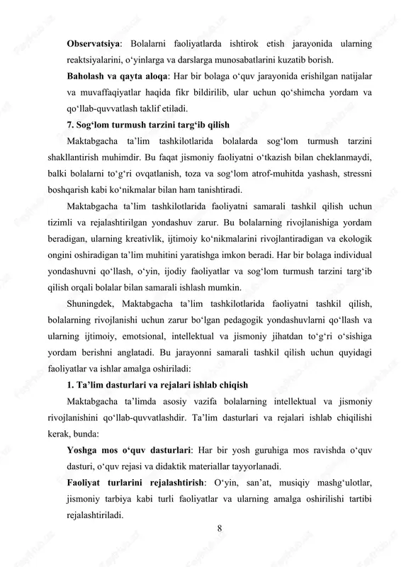 igiena qoidalarini o‘rgatish, shuningdek, atrof-muhitni toza va sog‘lom saqlashni targ‘ib qilish. 6. bolalar bilan o‘yin orqali o‘rganish o‘yin maktabgacha ta’limning asosiy faoliyat shakli hisoblanadi. o‘yinlar orqali bolalar: · kreativlikni rivojlantirish: bolalar o‘yinlar orqali tasavvur va ijodiy fikrlashni rivojlantiradilar. · ko‘nikmalarni mustahkamlash: jismoniy va ijtimoiy ko‘nikmalarni rivojlantirish, mas’uliyatni his qilishni o‘rgatish. · o‘yin metodlaridan foydalanish: bolalarni o‘yinlar orqali bilim olishga undash va ular bilan faoliyat o‘tkazish. 7. ta’lim texnologiyalarini qo‘llash zamonaviy pedagogik texnologiyalarni qo‘llash, bolalar uchun o‘rganish jarayonini yanada qiziqarli va samarali qilish imkonini beradi: kompyuter va internet vositalari: bolalar uchun maxsus o‘yinlar, multimedia taqdimotlari va o‘qituvchi uchun interaktiv vositalardan foydalanish. didaktik texnologiyalar: bolalarga o‘yinlar, rasmlar, slaydlar va boshqa didaktik vositalar yordamida bilimlarni o‘rganishga imkon yaratish. 8. maktabgacha ta’lim tashkilotlarida natijalarni baholash ta’lim jarayonining samaradorligini baholash uchun quyidagi metodlar qo‘llaniladi: observatsiya: bolalarni faoliyatlarda ishtirok etish jarayonida ularning reaktsiyalarini, o‘yinlarga va darslarga munosabatlarini kuzatib borish. testlar va sinovlar: bolalar tomonidan amalga oshirilgan …