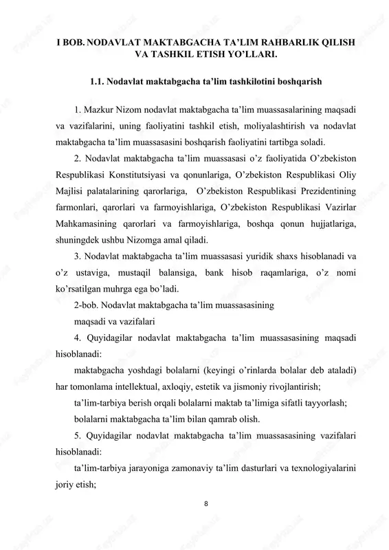 saqlash organlarining shartnoma asosida maxsus biriktirilgan tibbiyot xodimlari tomonidan amalga oshiriladi. tibbiyot xodimlari nodavlat maktabgacha ta’lim muassasasi xodimlari bilan birgalikda bolalarning hayoti, sog’lig’i va jismoniy rivojlanishi, davolash-profilaktika tadbirlari o’tkazilishi, sanitariya qoidalari, normalari va gigiena normativlariga, ovqatlanish rejimi va sifatiga rioya qilinishi uchun javob beradilar. nodavlat maktabgacha ta’lim muassasasi xodimlarini tibbiy ko’rikdan o’tkazish shartnoma asosida amalga oshiriladi. 13. nodavlat maktabgacha ta’lim muassasasi ta’limning uzluksizligini ta’minlash maqsadida shartnoma asosida o’z faoliyatini umumiy o’rta ta’lim muassasalari bilan birgalikda amalga oshirishi mumkin. 14. maktabgacha ta’limga qamrab olinmagan bolalarni maktab ta’limiga tayyorlash, ularni har tomonlama intellektual, axloqiy, estetik va jismoniy rivojlantirish maqsadida nodavlat maktabgacha ta’lim muassasalarida qisqa muddatli guruhlar tashkil etiladi. nodavlat maktabgacha ta’lim muassasalarida qisqa muddatli guruhlar uchun 4 soatli ish tartiblari joriy etiladi. 15. nodavlat ta’lim muassasalarida qisqa muddatli guruhlar qonun hujjatlariga muvofiq olingan litsenziya asosida muassis qarori bilan tashkil etiladi. 16. nodavlat maktabgacha ta’lim muassasasida tashkil etilgan qisqa muddatli guruhlarda moddiy-texnik va …