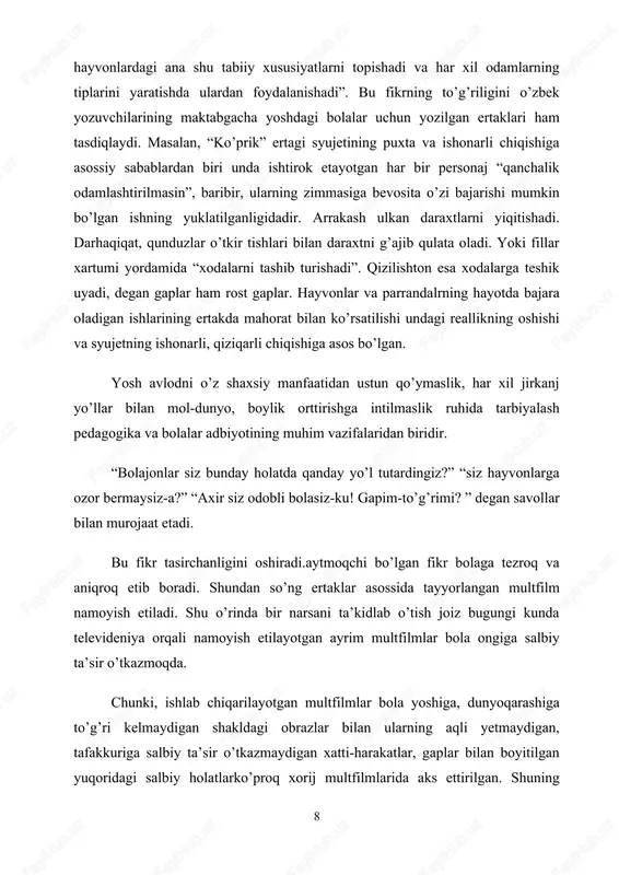 uvda bevosita bolalarning o’zlari boshlovchilik qiladilar. bolalar kattalarning gaplaridan ko’ra o’z tengdoshlarining gapalri xatti- harakatlarini tezzroq o’zlashtirib oladi. ikkinchidan dastur davomida bolalar hayotidan lavhalar berib boriladi. bu ham bolalarni o’z tengdoshlaridan o’rnak olishga, boshqalarga namuna bo’lishga undaydi. uchinchidan: dastur davomida har xil sahifalar namoyish etiladi. jumladan “kichkintoylar” teatri eng qiziqarli sahifalardan biri sanaladi. bunda kichkintoylar kattalar yordami bilan ertaklar asossida teatr tomoshalarini namoyish etiladi. masalan , “zumrad va qimmat” ertagi sahnalashtirilsa, bolalar tomonidan zumrad, qimmat, chol, kampir sehrgar kampir kabi obrazlar ijro etiladi. dekaratsiyalarni yaratishga va asarni sahnalashtirishga kattalar ko’mak beradi. bu jarayon ertaklar ijro etayotgan bolalarga ham, ularni ekran orqali tomosha qilayotgan bolalarga ham juda tez va yaxshi ta’sir o’tkazadi. bolalar ertak asosida tabiatga bo’lagn mehri ham oshadi. to’rtinchidan, dastur davomida yana ertaklar asosida tayyorlangan miltfilmlar namoyish etiladi. «qarg’avoy» nomli o’zbek xalq ertagi takror usulining birinchi xili asosida yaratilgan. unda ertak qahramoni qarg’avoyning «ov qidirib, sarson bo’lgani» va 10 …