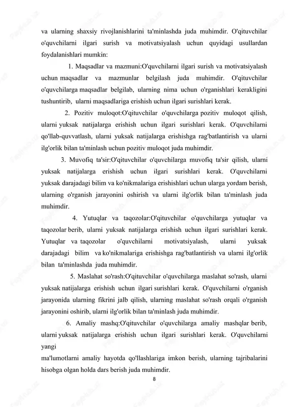 i, qobiliyatlari va imkoniyatlariga muvofiq holda individual rivojlanishiga bo’lgan huquqini shu jarayon uchun tashkiliy-pedagogik sharoitlar yaratilgan holda amalga oshiradi; pedagog o’zining kasbiy va shaxsiyat fazilatlarini rivojlantiradi, rahbar, bolalar va pedagoglar faoliyatining muvaffaqiyatli bo’lishini ta‘minlaydi; muassasa ota-onalarning o’z bolalari uchun ko’zda tutgan kelajagi yuzasidan fikrlari xususiyatlarini inobatga oladi va ularni bolalar bilan, hamda ta‘limiy jarayonning barcha ishtirokchilari bilan konstruktiv-hamkorlik munosabatlarini ro’yobga chiqarishga yo’naltiradi. bugungi kunda ta‘lim sohasida turli xususiyatdagi, yo’nalishdagi va ahamiyatdagi nihoyatda ko’p innovatsiyalar mavjud, katta yoki kichik ko’lamli davlat islohotlari o’tkaziladi, ta‘limning tashkil etilishiga, mazmuniga, uslubiyotiga, texnologiyasiga yangiliklar kiritiladi. maktabgacha ta‘lim jarayonida innovatsion pedagogik texnologiya bu bolalarni vositalar yordamida ta‘lim materiallarini o’rganish orqali nutqini rivojlantirish, o’z fikrk erkin bayon eta olish, o’zaro muloqot, tevarak-atrof bilan tanishish jarayonini yangicha talqin etishdir. ma‘lumki, maktabgacha yoshdagi bolalarga ta‘lim-tarbiya berishdan asosiy maqsad ularn sog’lom, barkamol shaxs sifatida tarbiyalash va maktab ta‘limiga tayyorlashdan iboratdir. maktabgacha ta‘lim jarayonida innovatsion pedagogik texnologiyalarni amaliyotga joriy etish usullaridan …