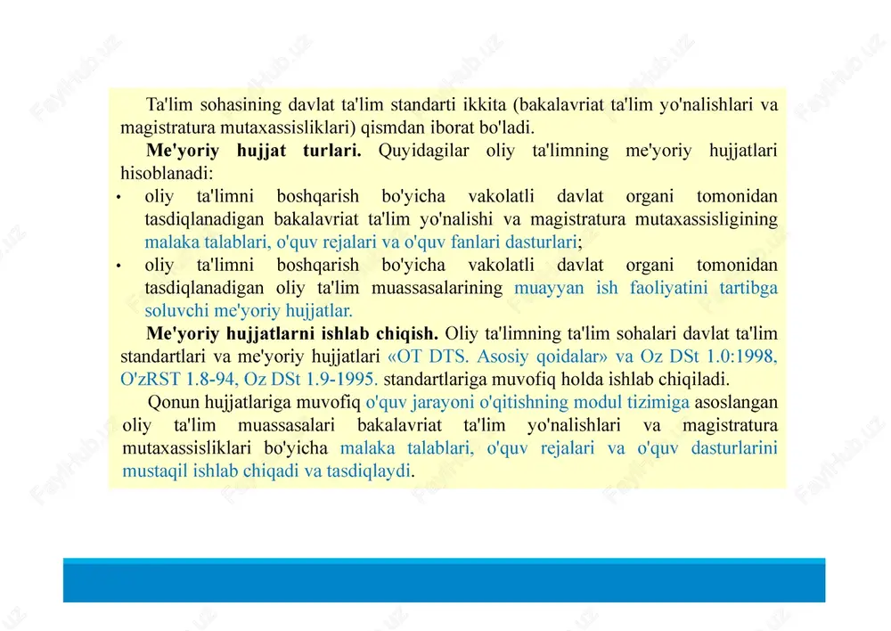 ssasalarida o'qitish mazmunini aniqlash, odatda, amaliy tajribalar asosida hal qilinadi. oliy ta'lim yo'nalishlari va mutaxassisliklari o'quv rejalariga qo'yiladigan umumiy talablar: bakalavriatda o'quv rejalari va fanlar dasturlari umumiy o'rta va o'rta maxsus, kasb- hunar ta'limi bilan uzluksizlik va uzviylik ta'minlanishini inobatga olgan holda ishlab chiqilishi va talabaning quyidagi majburiy fanlar bloklarini o'zlashtirishini nazarda tutishi zarur: • gumanitar, ijtimoiy-iqtisodiy va matematik hamda tabiiy-ilmiy; • umumkasbiy fanlar; • ixtisoslik fanlari; • qo'shimcha fanlar. o'zbekiston respublikasi hukumati qarorlariga muvofiq ayrim oliy ta'lim muassasalari yoki ta'lim yo'nalishlari va mutaxassisliklari bo'yicha boshqa fanlar bloklari belgilanishi mumkin. kasb faoliyati ko'nikmalarini egallash uchun malaka amaliyotlari o'tilishi nazarda tutilishi shart. o'quv rejalar majburiy o'quv fanlari bilan bir qatorda talabalar tanlagan fanlarni ham o'z ichiga olishi shart. bakalavriat ta'lim yo'nalishlari uning o'quv rejalariga muvofiq ravishda yakuniy davlat attestatsiyasi bilan tugallanishi shart. magistratura mutaxassisliklari o'quv rejalari va fanlar dasturlari bakalavriat ta'lim yo'nalishlarining o'quv rejalari va fanlar dasturlari bilan uzluksizlik va uzviylik …