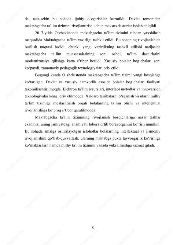 boradi. bu yondashuv mantiqiy tafakkurni rivojlantirib, bolalarni kelajakdagi hayotiy vaziyatlarga tayyorlaydi. kompetensiyaviy yondashuv esa ta’lim oluvchilarning nazariy bilimlaridan ko‘ra, amaliy ko‘nikmalarni rivojlantirishga qaratilgan. mazkur yondashuvga ko‘ra, o‘quvchilarning real hayotda uchraydigan muammolarni hal qila olish qobiliyati rivojlantiriladi. kompetensiyaviy yondashuv zamonaviy kasbiy ta’lim va maktabgacha ta’lim tizimida keng qo‘llanilmoqda. ayniqsa, bolalarning kommunikativ qobiliyatlarini rivojlantirish, jamoada ishlash ko‘nikmalarini shakllantirish va ijodiy fikrlashni rivojlantirish uchun samarali hisoblanadi. refleksiv ta’lim metodi o‘quvchilarning o‘z faoliyatini tahlil qilishiga asoslangan. ushbu metod orqali bolalar o‘z harakatlarini anglash va baholash imkoniyatiga ega bo‘ladilar. bu yondashuv bolalarning mustaqil fikrlash 10 qobiliyatlarini rivojlantirib, ularga o‘z xatolaridan saboq chiqarish imkonini beradi. refleksiv yondashuv bolaning mustaqil fikrlashini rivojlantirish va o‘z ustida ishlashiga yordam beradi. shaxsiy yondashuv esa har bir bolaning o‘ziga xos psixologik va pedagogik xususiyatlarini hisobga olishga asoslanadi. bu metodda bolalarning individual ehtiyojlari va qobiliyatlari inobatga olinadi. har bir bola uchun o‘ziga mos ta’lim usuli tanlanadi va uning rivojlanish sur’ati bo‘yicha ish …