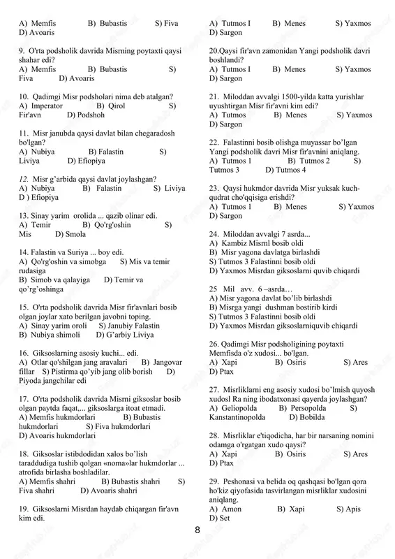 da xettlar xіv - xіі asrlarda c) mesopotamiyada xurritlar. xіі - xі asrlarda d) kavkazorti xalqlari, xіі - xі asrlarda 8. temirdan yasalgan dastlabki zeb-ziynat buyumlari qayerdan topilgan a) misr fir'avni tutanxamon maqbarasidan b) mesopotamiyadagi zikkuratlar ichidan s) bobildagi hamurappi saroyidan d) nineviyadagi ashshurbanipal kutubxonasidan 9. temirdan yasalgan zeb-ziynat buyumlari bilan mashhur maykop qo’rg’oni yodgorligi qayerda joylashgan? a) mesopotamiyada b) hindistonda s) kavkazda d) kichik osiyoda 10. o’rta osiyodan topilgan eng qadimgi temirdan yasalgan buyumlar nechanchi asrlarga oid? a) mil. avv. 9-8 asrlarga s) mil. avv. 7-6 asrlarga b) mil. avv. 8-7 asrlarga d) mil. avv. 6-5 asrlarga 11. o’rta osiyodan topilgan temirdan yasalgan buyumlar ko'pchiligi asosan nechanchi asrlarga oid? a) mil. avv. vіі-vі asrlarga s) mil. avv. vііі-vіі asrlarga b) mil. avv. vі-v asrlarga d) mil. avv. v-іv asrlarga 12. mil avv. 1 ming yillik boshlarida o’rta osiyoda aholi to’rt guruhga ajratilgan. ular qanday tartibda bo’lgan? 1. kohinlar 2.savdogarlar …