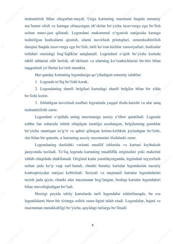 lashish sharoitidan, tarkibidan va boshqalardan foydalanadi. bunday legenda asosan tuproq, geologik, geobotanik kartalari uchun ishlab chiqiladi. ulardan hodisalarning biror-bir bo‘lagi tasvirlangan elementar legendalarni tuzish uchun ham foydalaniladi. 4. birlashgan tipologik legendalar. bunday legendalar bir nechta tabiiy komponentlarni birgalikda tasvirlash, o‘zaro bogʻliqli ob’ektlarni legendada birlashtirib, o‘zlariga xos ko‘rsatkichlari, masalan, tuproq-o‘simlik qoplami zonal tiplari xususiyatlarini; gid-rogeologik kartalarda er osti suvlari sathini; togʻ jinslari suvi sigʻimi mineralizatsiya darajasi, kimyoviy tarkibi va boshqalar bo‘yicha tasvirlash uchun ishlab chiqiladi. 11 5. ko‘plab ko‘rsatkichlarni va tavsiflarni, elementar va tipo-logik legendalarni birlashtirgan legendalar majmuali (kompleks) legendalar deyiladi. bunday legendada turli tipologik legendalardan zarur bo‘lgan bo‘limlar tanlab olinib, hodisalarning bir-biri bilan bogʻliqliq xususiyatlari ifodalanadi. masalan, agroiqlim kartalari legendalarida tuproq turlari hudud ichidagi har xil iqlim sharoitiga qarab ajratiladi. murakkab majmuali legendaning bo‘limlari ob’ekt-lar ko‘rsatkichlari bilan to‘ldiriladi, masalan, daryolar oqimi va rejimi, relef ma’lumotlari va boshqalar. legendada har bir hodi-sani ko‘rsatishning alohida kartografik tasvirlash usuli tanlanadi. majmuali legendalarning murakkabligi, …