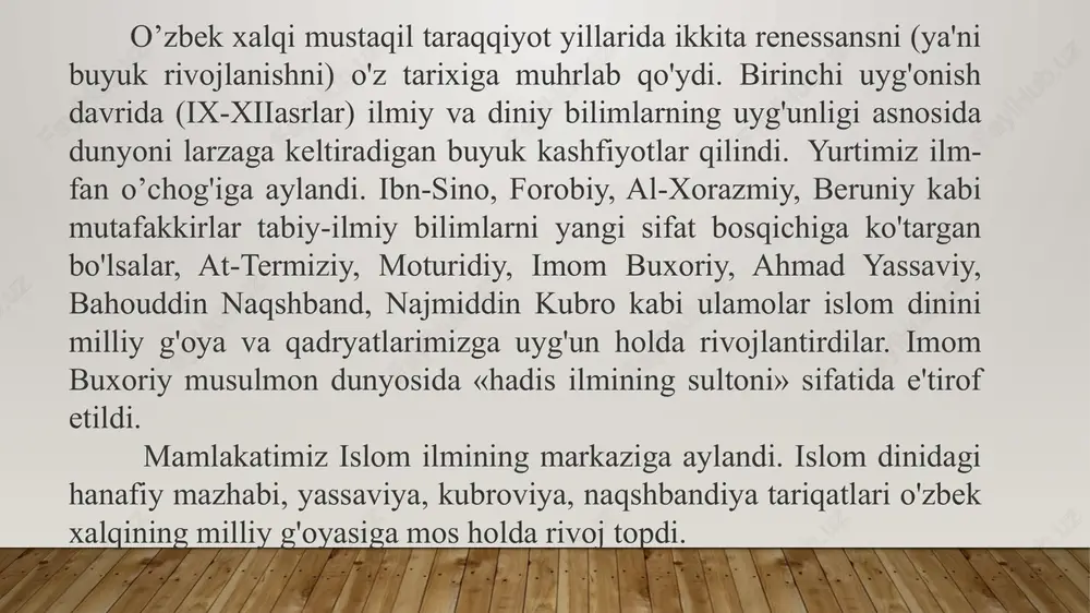 ro’yxatiga kiritilgan) shahrisabz — qashqadaryo viloyatidagi shahar. shahrisabz tumani maʼmuriy markazi (1926 yildan). kitob—shahrisabz vohasida. katta oʻzbekiston trakti yoqasida joylashgan. shahrisabz jan.dan tanxozdaryo, shim.dan oqsuv daryosi oqib oʻtadi. urtacha bal. 658 m. aholisi 90 ming kishi (2004). arxeologik maʼlumotlarga koʻra, shaharga mil. av. 1 ming yillikning oʻrtalarida asos solingan. shahrisabz mil. boshlarida va ilk turli nomlar bilan o’rta asrlarda atalgan (qarang kesh). xiii-asrdan shahrisabz nomi ham urf boʻlgan. qo’qon qoʻqon — farg‘ona viloyatida, sharqiy oʻzbekistondagi shahar. soʻx daryosi (tarmogʻi)ning quyi oqimida joylashgan. transport yoʻli stansiyasi. aholisi 400 000 dan ortiq (2018-yil). qoʻqon xonligining poytaxti boʻlgan. viloyatda eng katta shaharlardan biri. u vodiydagi transport qadimiy karvon yo‘llar kesishgan joyda joylashgan. respublikamizda ma'naviy sohada amalga oshirilgan islohotlar bosqichlari 1. 1989-1994 yillar. istiqlolga erishish va mustaqil taraqqiyotning umumnazariy aspektlari, strategik yo'nalishlari ishlab chiqilgan va amalga oshirishga kirishilgan. 2. 1995-2000 yillar. ma'naviy –ma'rifiy ishlarning ijro mexanizmlarini shakllantirish, ijtimoiy institutlar tarkib topish davri bo'ldi. 3. …