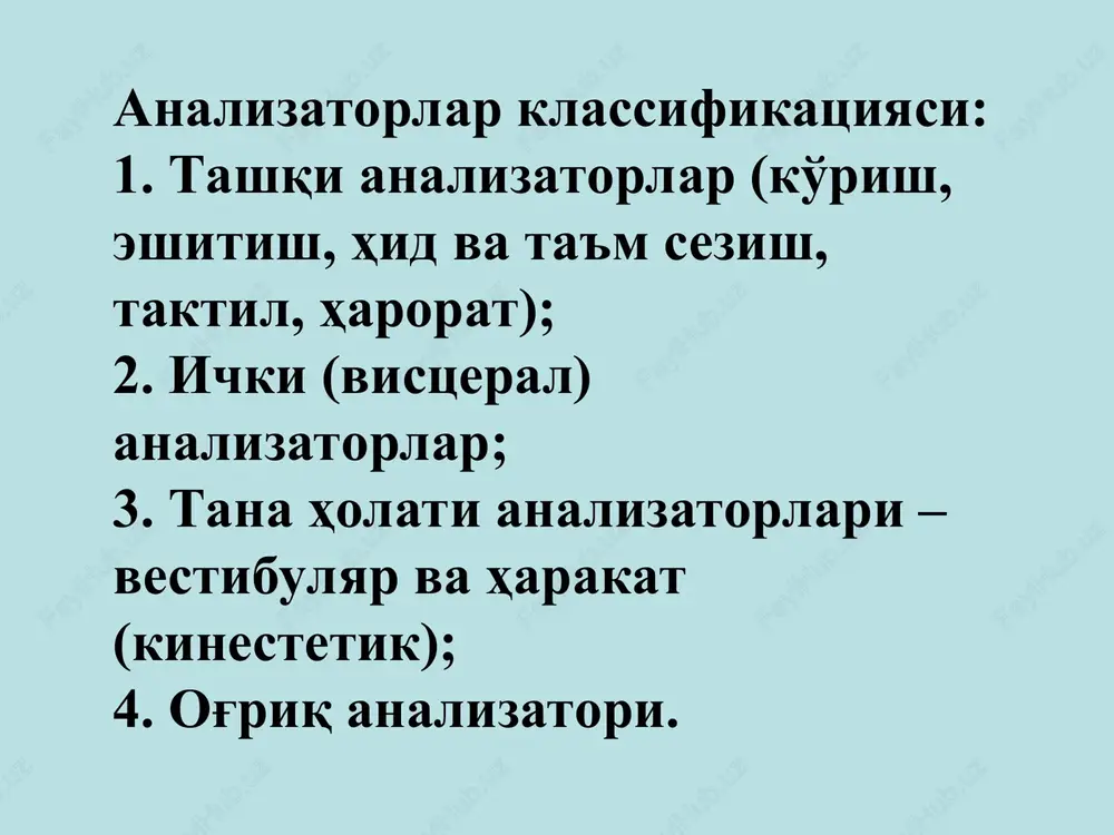 -jag' soxasining ma'lum soxasiga notsitseptivdan qo'zg'alishni o'tkazuvchi tolalarini bloklash. umumiy anesteziya – ingalyatsion narkoz va analgetiklarni qo'llash usuli. notsitseptiv sistemaning aktivligini pasaytiruvchi usullarga kiradi: elektroanalgeziya – doimiy tok notsitseptivlariga ta'siri natijasida uzoq vaqt davom etuvchi polyarizatsiya xosil bo'ladi va u qo'zg'alishni xosil bo'lishiga va tarqalishiga to'sqinlik qiladi. . audioanalgeziya usuli – po'stloqning eshitish soxasi va koxlear yadrolarni qo'zg'alishini trigeminal kompleks yadrolarini kaudal bo'limlari yadrolarini notseptiv neyronlarini tormozlanishiga asoslangan. bu qo'zg'alishlar quloqqa oq shovqin deb nomlanadigan odam qulog'i qabul qiladigan butun tovush diapazonining bir xil ifodalangan chastotalik tovush signallarining aralashmasi. antinotsitseptiv tuzilmaga ta'sir. og'riqsizlantirishning antinotsitseptiv aktivligini oshirish yo'li bilan amalga oshirish mumkin. bir qator farmakologik vositalar miyaning oliy qismlariga boradigan impulslar oqimini qaytarish yo'li bilan antinotsitseptiv tizimga ta'sir etadi. dental og'riqning nazorat qilish darajalari 1. o'rta va o'zunchoq miya strukturalari 2. limbik tizim strukturalari (gipotalamus va bodomsimon tana yadrolari) 3. oliy daraja – miya po'stlog'ining somatosensor tizimi analizatorlarning tekshirish usullari: klinik …