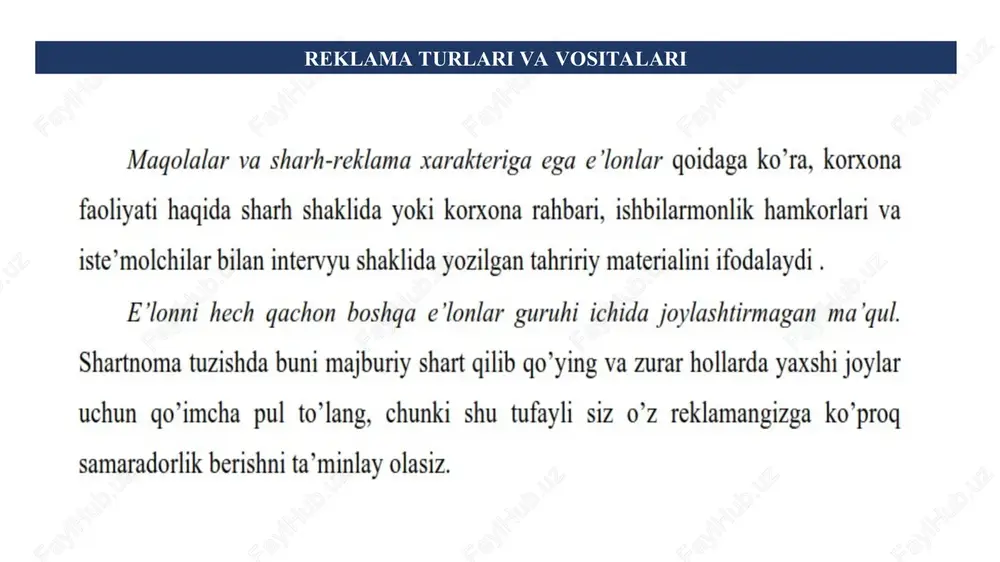 hollarda tegishli litsenziyani, ruxsat etish xususiyatiga ega hujjatni va muvofiqlik sertifikatini talab qilishi; reklamaga oid faoliyatning boshqa subyektlaridan maxfiylik shartlari asosida olingan axborotning oshkor qilinmasligini ta’minlashi; vakolatli davlat organining so‘roviga ko‘ra reklama axborotiga doir hujjatlar va materiallarni u belgilagan muddatda taqdim etishi; qoraqalpog‘iston respublikasi vazirlar kengashining, viloyatlar va toshkent shahri hokimlarining so‘roviga ko‘ra tashqi reklama obyektlaridan foydalanish bilan bog‘liq hujjatlar hamda materiallar taqdim etishi shart. reklama tayyorlovchi va tarqatuvchi qonunchilikka muvofiq boshqa huquqlarga ega bo‘lishi va ularning zimmasida o‘zga majburiyatlar ham bo‘lishi mumkin. 13-modda. reklama tayyorlovchining va tarqatuvchining huquq hamda majburiyatlari 37-modda. energetik ichimliklarning reklamasi 41-modda. pirotexnika vositalari, qurol va uning o‘q-dorilari, harbiy maqsadga mo‘ljallangan mahsulotlar reklamasi pirotexnika vositalarini, qurollarning barcha turlarini va uning o‘q-dorilarini, ularning tarkibiy qismlarini, portlovchi moddalarni va moslamalarni, texnikani, harbiy maqsadga mo‘ljallangan mahsulotni reklama qilish taqiqlanadi, bundan saqlash hamda foydalanishga ruxsat berilgan ov va sport qurollari mustasno. ov va sport qurollarini reklama qilish faqat ixtisoslashtirilgan nashrlarda, …