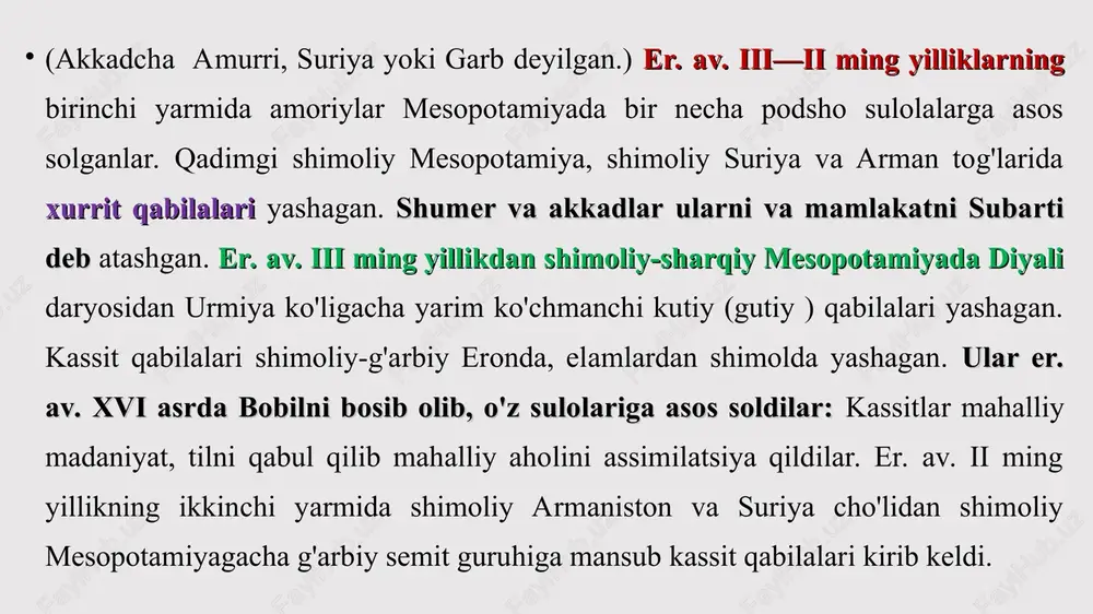 rga oid lagash hokimi gudeaning qurilish va bag'ishlov yozuvlari, akkad podshosi rimushning (er. av. xxiii asr) elamga yurishlari to'g'risidagi yozuvbri va «manishtun obeliski »da podsho yer zaxirasi, uning jamoa yeri hisobidan ko'payishi to'g'risida ma'lumot berilgan. bizgacha osuriya podsholarining juda ko'p yozuvlari yetib kelgan. «sargon ii ning ashshurga xati», er.av. 714-yilda urartuga qarshi yurishi bayon qilingan xatlar yetib kelgan. podsho ashshurbanipalning batafsil tarixiy ma'lumot beruvchi yilnomasi shular jumlasidandir. yangi bobil podsholarining 140 ga yaqin yozuvlari bizga ma'lum. tarixiy asarlar keyinroq er.av. iv—iii asarlarda paydo bo'ldi. kohin beroyesning (bobildagi marduk ibodatxoansi kohini), 3 qismli «bobil va xaldey tarixi»i to'fon davridan makedoniyalik iskandar davrigacha davom etgan asari diqqatga sazovordir. bizgacha bu asarning parchalari o'rta asr tarixchilari asarlarida keltirilgan ma'lumotlar orqali yetib kelgan. shumer-akkad adabiy yodgorliklari uruk podshosi jmerkar to'g'risidagi epik poemalarda shumerning ilk sulola davrida (er.av. iii ming yillik boshlari) uzoq mamlakat aratta (eron hududi) bilan aloqasi to'g'risida qiziqarli ma'lumotlar beriladi. shumer poemasi …