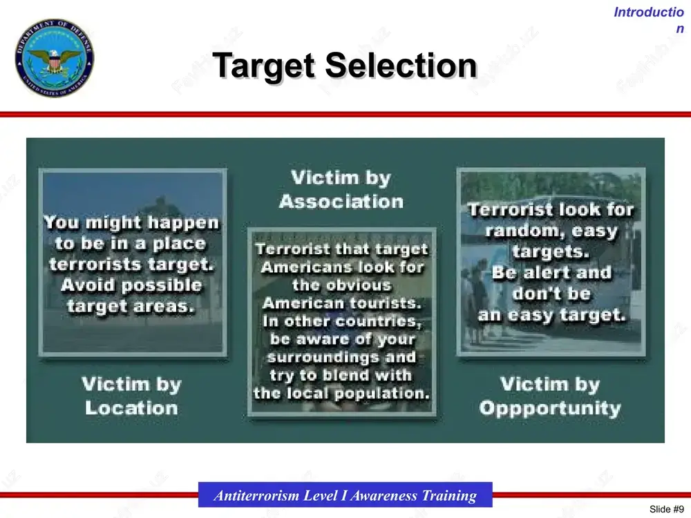 and increased crime prevention efforts introduction slide #‹#› antiterrorism level i awareness training 14 what about this picture? what is different? under what conditions would you expect these measures to be used? force protection condition alpha applies when there is a general threat of possible terrorist activity, the nature and extent of which are unpredictable, against personnel and facilities. general conditions suggest possible violence, but nothing indicates that this installation is targeted. force protection condition alpha must the capable of being maintained indefinitely. you can expect random vehicle checks and increased crime prevention efforts. fpcon bravo when an increased and more predictable terrorist threat activity exists specific information suggests probable violence nothing indicates that this installation is targeted extra precaution is appropriate to deter terrorist planning must be capable of being maintained for weeks without hardship expect to see closer inspection of vehicles and deliveries, id checks, and a greater …