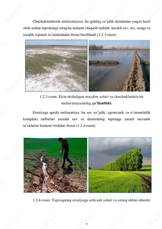 lish va to’xtatish, daraxtlar ildizi yordamida kanallar qirg’oqlarini mustahkamlash va boshqa bir qator tadbirlar kiradi (1.3.3-rasm). 1.3.3-rasm. o’rmon-texnik melioratsiyaning qo’llanilish jarayoni kimyoviy melioratsiya, tuprok tarkibiga maxsus kimyoviy moddalar kiritib, tuproqning kimyoviy xossalarini o’zgartirish bilan shug’ullanishdan iborat. bunga: sho’rtob yerlarni yaxshilash uchun melioratsiya qilish, ya’ni kimyoviy birikmalar qo’shish yo’li bilan noqulay tuproq xossasini yaxshilash. bunday melioratsiyaga achima, nordon tuproqni ohaklash, sho’rtob tuproqlarni gipslash va boshqa shu kabi tadbirlar kiradi (1.3.4-rasm). 1.3.4-rasm. kimyoviy melioratsiyaning dala sharoitida qo’llanilishi 12 madaniy-texnik melioratsiya, ekin ekiladigan tuproqning haydalma qatlamidagi noqulay sharoitlarni bartarf qilishdir. ya’ni tuproqni toshlardan tozalash, to’nkalarni qo’porib tashlash, daladagi mayda tepalik va chuqurliklarni tekislash, loyli tuproqlarga qum qo’shish (qumlash) va qumli tuproqlarga og’ir tarkibli tuproqlar qo’shish (loylash), ko’chma qumlarni mahkamlash uchun mexanik ihotalar o’rnatish kabi tadbirlar ko’riladi (1.3.5-rasm). 1.3.5-rasm. madaniy-texnik melioratsiya ishlari dala sharoitida bajarilmoqda qishloq xo’jaligida irrigatsiya va melioratsiyasiga qo’yiladigan asosiy talablar: 1. sug’oriladigan yerlardan to’liq va samarali foydalanishga erishish. 2. tuproq unumdorligini, …