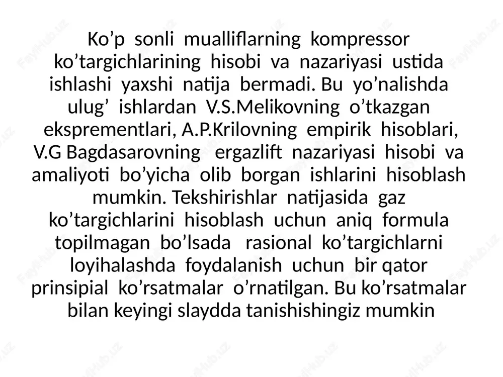 ni gazlift usulida siqib chiqarishdaquvur devorlariga parafin yopishib qoladi buni bartaraflash mexanik skripkalar bilin amalga oshiriladi quduqlarda kanatlar yordamida tushiriladi issiq bug’ bilan isitish kerak bo’ladi va xokazolar quduqlarni bu usulda ishlatishda uchuvchi skribkalarni ham qo’llash mumkin skripkalar diametri quvur diametridan tanlanadi chunki skripka quvurlardan bemalol o’tishi kerak agar parafin yotqiziqlari katta bo’lsa skrepkani kichik diametrdan tozalash ishlari olib boriladi buni qo’llash uchun quvurni ostida va ustida amartizatorlar qo’yiladi . quvur ko’targichlarda turli parafinlar k va mg tuzlarini hosil bo’lishini oldini olish uchun , tashlama quvurlarda turli kimyoviy reagentlar haydaladi . metal qirindilardan tashkil topgan salniklarni bartaraflash: quduqlarni erlift usulida ishlatishda siqilgan havo quduqga uzoqroq dan keladi havoning quvurlar orqali harakati karrozion muxit hosil kilib keladi qachonki havoda namlik ko’p bo’lsa karroziya 70-80 % namlikda hosil bo’ladi karroziyaga bosim ham o’z ta’sirini ko’rsatadi . azorbayjonda ishchi agent sifatida havo ishlatilsa u o’zi bilan birgalikda izvesnyak changini ham olib keladi bu …