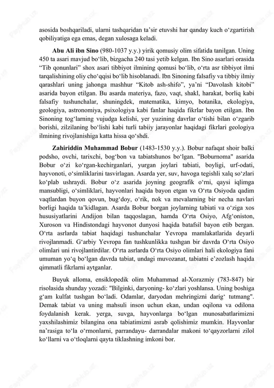 fiy fikrlarining eng yirik va mashhur vakillaridan biri abu nasr forobiyning (873-950 y.y.) ilmiy-falsafiy merosi nihoyatda boy. uning asarlari hozirgasha to‘liq aniqlanmagan. nemis olimi m.k.brokkelmanning ro‘yhatida forobiyning turli sohalarga oid 180 ta asarining nomi keltirilgan. forobiy tabiatshunoslikning turli tarmoqlari bilan shug‘ullangan bo‘lib, uning “kitob al-hajm va al-miqdor”, “kitob al-mabodi al-insonia” (“insoniyatning boshlanishi haqida kitob”), “kitob al-a’zo al-hayvon” (“hayvon a’zolari to‘g‘risida kitob”) nomli asarlari bunga dalil bo‘la oladi. tabiatshunoslikka oid “odam a’zolarining tuzilishi”, “hayvon a’zolari va ularning vazifalari haqida” kabi asarlarida odam va hayvonlardagi ayrim a’zolarning tuzilishi, xususiyatlari va vazifalari haqida ham to‘xtab o‘tilgan. odam a’zolarining tuzilishi va vazifalari haqida so‘z yuritilganda o‘zgarishlar, ya’ni kasalliklar birinchi navbatda ovqatlanish tartibining buzilishi oqibatida kelib chiqadi, deb tushuntiriladi. forobiy tabiiy va inson qo‘li bilan yaratiladigan sun’iy narsalarni ajratgan. shuningdek, u tabiiy narsalar tabiat tomonidan yaratilganligini va bunda inson omilining ta’siri katta ekanligini, tabiiy va sun’iy tanlash hamda tabiatga ko‘rsatiladigan boshqa ta’sirlarni atroflicha baholagan. abu …