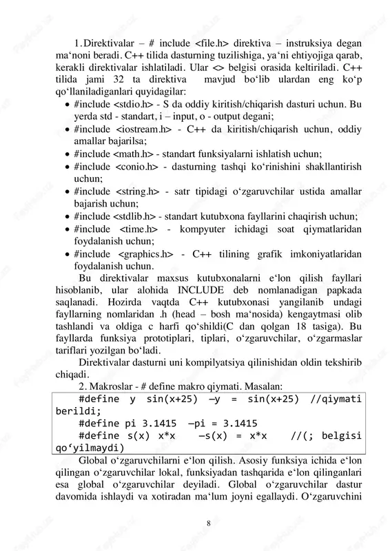 , public, register, return, short, signed, sizeof, static, struct, swith, template, this, throw, try, typedef, typename, union, unsigned, virtual, void, volatile, while. yuqorida keltirilgan identifikatorlarni boshqa maqsadda ishlatish mumkin emas. protsessor registrlarini belgilash uchun quyidagi soʻzlar ishlatiladi: _ah, _al, _ax, _eax, _bh, _bl, _bx, _ebx, _cl, _ch, _cx, _ecx, _dh, _dl, _dx, _edx, _cs, _esp, _ebp, _fs, _gs, _di, _edi, _si, _esi, _bp, _sp, _ds, _es, _ss, _flags. bulardan tashqari «__» (ikkita tagchiziq) belgilaridan boshlangan identifikatorlar kutubxonalar uchun zahiralangan. shu sababli ʻ_ʻ va «__» belgilarni identifikatorning birinchi belgisi sifatida ishlatmagan maʻqul. identifikator belgilar orasida probel ishlatish mumkin emas, zarur boʻlganda uning oʻrniga ʻ_ʻ ishlatish mumkin: silindr_radiusi, aylana_diametiri. oʻzgarmaslar. oʻzgarmas (literal) - bu fiksirlangan sonni, satrni va belgini ifodalovchi leksemadir. oʻzgarmaslar beshta guruhga boʻlinadi - butun, haqiqiy (suzuvchi nuqtali), sanab oʻtiluvchi, belgi (literli) va satr («string», literli satr). kompilyator oʻzgarmasni leksema sifatida aniqlaydi, unga xotiradan joy ajratadi, koʻrinishi va qiymatiga (tipiga) …
