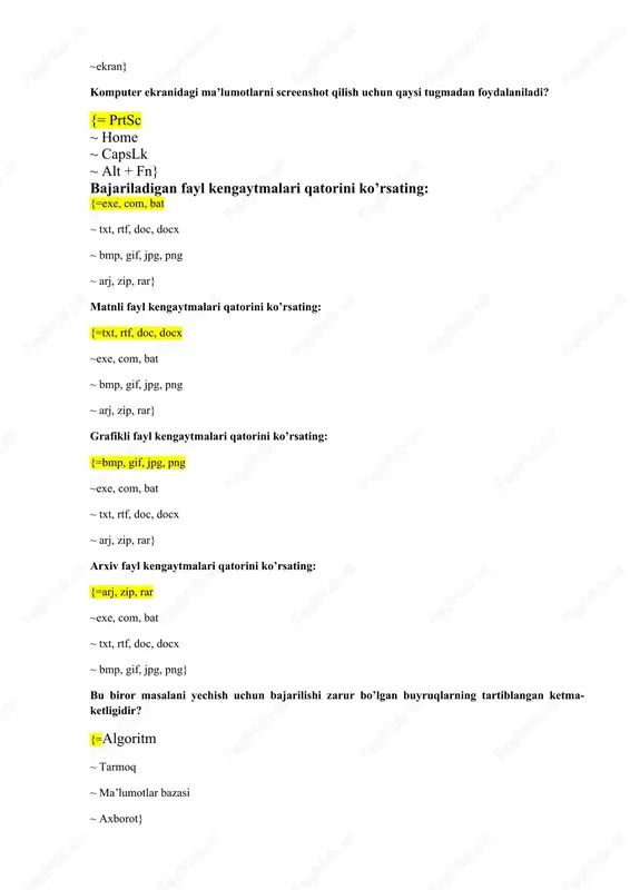 ing asosiy xossalari: {=diskretlilik,tushunarlilik, aniqlik, ommaviylik, natijaviylik ~so’zlar, formulalar, jadval, shakllar, dastur ~ chiziqli, tarmoqlanuvchi, takrorlanuvchi ~ grafukli, tovushli, rangli, taqdimotli} dasturlash tillari turini ko’rsating? {= yuqori va quyi ~ matnli va grafikli ~ ustunli va satrli ~ jadvalli va shaklli} kompyuterlar uchun dasturlar yozilgan, uni u yoki bu harakatlarni bajarishiga majbur qiladigan rasmiy til? {= dasturlash tili ~ algaritm tili ~ matnli til ~ grafikli ril} quyi darajali dasturlash tili -? {= protsessordagi jarayonni amalga oshiruvchi til ~ matndagi jarayonni amalga oshiruvchi til ~ grafikdagi jarayonni amalga oshiruvchi til ~ diagrammadagi jarayonni amalga oshiruvchi til} mashinaga yo’naltirilgan til bo’lib, mashina tilini belgilar bilan tasvirlaydi va u mnemonika deyiladi? {=assembler tili ~ dasturlash tili ~ algaritm tili ~ grafikli tili} mashina tillari bu… {=ehm ning kodlar tizimi ~ jadval til tizimi ~ grafikli til tizimi ~ matnli til tizimi} algoritmning har bir qadamida bajariladigan ko’rsatma nima deb aytiladi? {=buyruq ~ …
