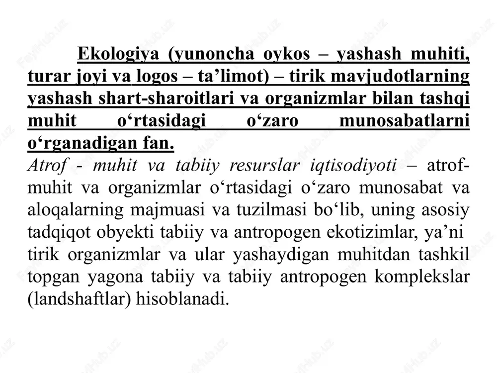 isidagi ta’limotdir. geoekologiya – tirik organizmlarning atrof-muhit bilan bo‘lgan munosabatlarini geografik nuqtayi nazardan o‘rganadi. palekologiya tabiatdan yo‘qolib ketgan organizmlar, turlar, guruhlarning ekologiyasini o‘rganadi. evolyutsion ekologiya tabiatdan populyatsiyaning o‘zgarib, rivojlanib turishini, ekologik mexanizmlarni o‘rganadi. amaliy ekologiya amaliy biologiya faniga mansub bo‘lib, tabiiy ekosistemalar, ularning turli guruhlari, a’zolarini amaliy holda o‘rganadi. odam ekologiyasi fanlar majmuasi bo‘lib, odamning individ (biologik tur sifatida) va shaxs (ijtimoiy subyekt) sifatida uni o‘rab turgan atrof-muhit va ijtimoiy muhit bilan bo‘lgan o‘zaro munosabatini tadqiq qiladi. ijtimoiy ekologiya odam ekologiyasining bir qismi sifatida ijtimoiy tuzilmalar (oila va boshqa ijtimoiy guruhlar)ning ularni o‘rab turgan tabiiy va ijtimoiy muhit orasidagi aloqalarini o‘rganadi. bu to‘plamga odam populyatsiya ekologiyasi, aholishunoslik ekologiyasi – ekologik demografiya, etnoslar ekologiyasi va etnogenez ekologiyasi – irq va millatlar kiradi. ijtimoiy ekologiyaga taraqqiyot (sivilizatsiya) va evolyutsion (tarixiy) ekologiya ham kiradi. dengiz va chuchuk suv ekologiyasi – gidroekologiya turli suv havzalarida uchraydigan tirik organizmlarning o‘sish, rivojlanish, ko‘payish, tarqalish qonunlarini o‘rganadi. …