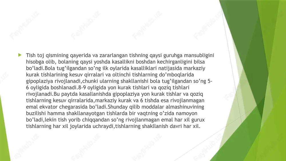 dan so’ng namoyon bo’ladi. davolash.flyuorozda o’zgarishlar emal rangining o’zgarishi bilan kechgani uchun rem.terapiya bilan oqartirish amaliyotini qo’llash maqsadga muvofiqdir.oqartirish neorganik kislotalar bilan amalga oshiriladi.bunda tish so’lakdan izolatsiyalanadi, va 20-30% li sulfat yoki ortafosfat kislota bilan 2-3 min davomida ishlov beriladi(oqargungacha).keyin suv bilan yuvilib,quritiladi.qurigan tish yuzasiga 10% li kaltsiy glyukonat eritmasi 15-20 minut davomida aplikatsiya qilinadi.keyingi qatnov 1-2sutkadan keyin amalga oshiriladi.kurs 10-15 proseduradan iborat.kurs davomida kaltsiy glyukonat,kaltsiy gliserofosfat tabletkalarini qabul qilish kerak.effekti 6-8 oyda bilinadi.qayta davolash kursini pigmentli dog’lar paydo bo’lgandan keyin amalga oshiriladi.eroziv va destruktiv formalarida bu davolash shakli unchalik kor qimidi.bunda tish tojining rangi va shakli kompozit plomba ashyosi bilan qayta tiklanadi,shu bilan birga ortopedik davolash ishlari ham o’tkaziladi. profilaktikasi.ftorning ichimlik suvidagi miqdori nazorati bilan bog’liq,bunda tabiiy suv manbalarini almashtirish yoki ortiqcha ftordan ichimlik suvini tozalash yo’li bilan amalga oshirish mumkin.bular kollektiv profilaktikaga kiradi.bundan tashqari individual profilaktika choralari ham bor.bunda bola tug’ilgandan so’ng uni sun’iy ovqatlantirishdan saqlash va har …