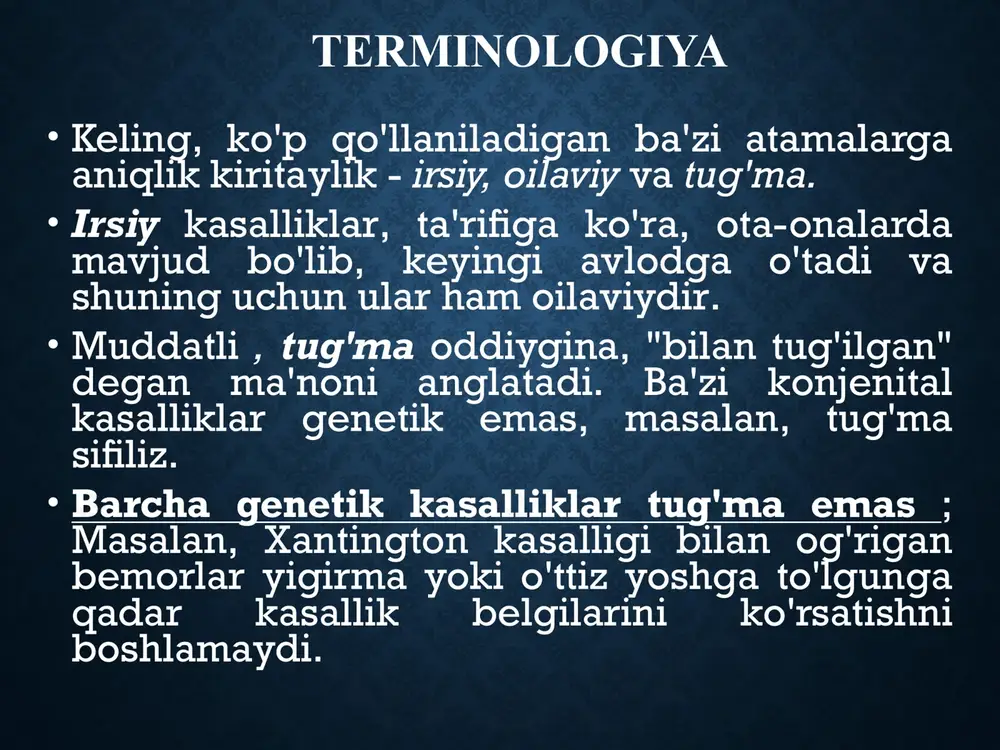 avtosomal resessiv buziliklar avtosomal retsessiv meros mendel kasalliklarining eng katta toifalaridan biridir. avtosomal retsessiv kasalliklar faqat ma'lum bir lokusdagi ikkala allel mutant bo'lganda yuzaga kelganligi sababli, bunday kasalliklar quyidagi xususiyatlar bilan tavsiflanadi: (1) alomat odatda ota-onalarga ta'sir qilmaydi, lekin aka-uka va opa-singilda kasallik bo'lishi mumkin; (2) birodaru opa-singilda kasallikka chalinish ehtimoli har to'rtdan biriga ega (ya'ni har bir tug'ilish uchun 25% takrorlanish xavfi); va (3), agar mutant gen populyatsiyada past chastotada paydo bo'lsa, probandning qarindoshlik nikohi mahsuloti bo'lish ehtimoli yuqori. avtosomal retsessiv kasalliklar tizim buzilish metabolik kistik fibroz fenilketonuriya galaktozemiya gomosistinuriya lizosomal saqlash kasalliklari* 1 - uilson kasalligi gemokromatoz glikogenni saqlash kasalligi gematopoetik o'roqsimon hujayrali anemiya talassemiya endokrin tug'ma adrenal giperplaziya skelet elers-danlos sindromi (ba'zi variantlar)* alkaptonuriya* asabiy neyrogen mushak atrofiyasi irsiy fridreyx ataksiyasi orqa miya mushaklarining atrofiyasi x -assosiatli buzishlar jins bilan bog'liq bo'lgan barcha kasalliklar x bilan bog'liq - deyarli barcha x bilan bog'liq kasalliklar retsessivdir. y xromosomasida …