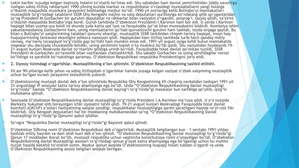 k davlat deb e’lon qilinadi. 2- modda. o‘zbekiston respublikasining xalqi suverendir va u respublikada davlat hokimiyatining birdan-bir sohibi ekanligi haqida gapiriladi. 3- modda. o‘zbekiston respublikasi to‘la davlat hokimiyatiga ega, o‘zining milliy-davlat va ma’muriy-hududiy tuzilishini, hokimiyat va boshqaruv idoralari tizimini mustaqil belgilash qonunlashtirildi. 4- modda. o‘zbekiston respublikasining davlat chegarasi va hududi daxlsiz hamda bo‘linmas bo‘lib, uning xalqi o‘z xohish-irodasini erkin bildirmasdan turib o‘zgartirilishi mumkin emas. 5- modda. o‘zbekiston respublikasida o‘zbekiston respublikasining konstitutsiyasi va uning qonunlari ustundir. o‘zbekiston respublikasi davlat idoralarning tizimi hokimiyatni qonun chiqaruvchi, ijroiya va sud hokimiyatiga ajratish tartibi asosida qurilganligi gapirildi. 8-12-14 moddalarda o‘zbekiston mustaqilligining iqtisodiy asoslari izohlab berilgan. 13-14-moddalarda o‘zbekistonning tashqi siyosiy aloqalaridagi mustaqilligi sharhlandi. 15- moddada o‘zbekiston respublikasi hududida inson huquqlari umumiy deklaratsiyasiga muvofiq holda o‘zbekiston respublikasi fuqaroligi joriy etilishi o‘zbekiston respublikasining barcha fuqarolari millatidan, elatidan, ijtimoiy kelib chiqishidan, qaysi dinga mansubligidan va e’tiqodidan qat’i nazar, bir xil fuqarolik huquqlariga egadirlar, respublika konstitutsiyasi hamda uning qonunlari himoyasida …