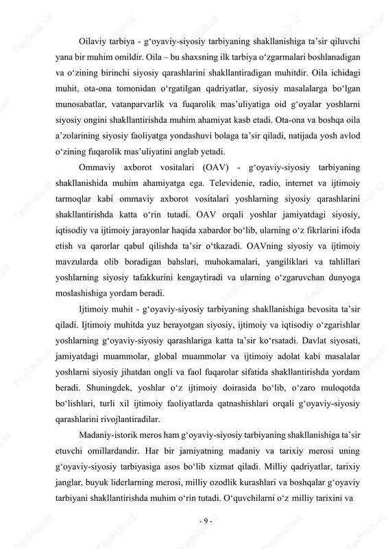 shga xizmat qiladi. yetakchi shaxslarning ta’siri - ham g‘oyaviy-siyosiy tarbiyaning shakllanishida muhim rol o‘ynaydi. politika, ilm-fan, madaniyat va boshqa sohalarda o‘z faoliyati bilan e’tiborni jalb etgan shaxslar, masalan, siyosiy liderlar, olimlar, san’atkorlar, ijtimoiy faollar va boshqa ijtimoiy faol shaxslar, yoshlar uchun g‘oyaviy-siyosiy namuna bo‘lib xizmat qiladi. ularning fikrlari va qarashlari yoshlar ongiga ta’sir ko‘rsatadi, ularning siyosiy faoliyatga bo‘lgan munosabatlarini shakllantiradi. ijodiy va siyosiy tashkilotlar - ham g‘oyaviy-siyosiy tarbiyaning shakllanishida muhim o‘rin tutadi. yoshlarni siyosiy va g‘oyaviy masalalarda faoliyat ko‘rsatish, ularni siyosiy tashkilotlarga jalb qilish va ularning faolligini oshirish, demokratik jarayonlarga qo‘shilishiga turtki beradi. siyosiy tashkilotlar, ijtimoiy harakatlar, yoshlar partiyalari va boshqa ijtimoiy guruhlar yoshlarning siyosiy ongini rivojlantirishda faol ishtirok etadilar. bu jarayonlar yoshlarning siyosiy tafakkurini kengaytiradi va ularni jamiyatdagi voqealarga nisbatan munosabat bildirishga undaydi. yoshlarning o‘z faoliyati va ijtimoiy ishtiroki - ham g‘oyaviy-siyosiy tarbiyaning shakllanishiga ta’sir qiladi. yoshlar o‘zlarining ijtimoiy faoliyatlarini amalga oshirish orqali siyosiy ongini shakllantiradi. mahalliy va global …