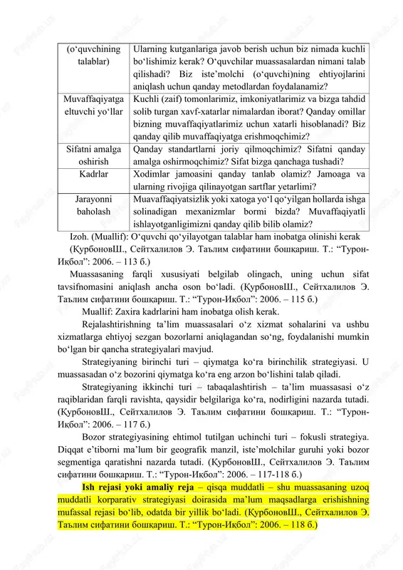 sh lozim.) birgalikda ish samarali bo‘lishi uchun, birinchidan, ijrochilar ulardan qanday natijalar va qachon kutilayotganligini yaxshi tushunishlari; ikkinchidan, ular bunga erishishdan manfaatdor bo‘lishlari; uchunchidan, ular o‘z ishlaridan qoniqish hosil qilishlari; to‘rtinchidan, jamoadagi ijtimoiy-psixologik muhit unumli ishlash uchun qulay bo‘lishi zarur. (qurbonovsh., seytxalilov e. ta'lim sifatini boshqarish. t.: “turon-iqbol”: 2006. – 99 b.) bularni amalga oshiradigan xatti-harakatlar uyg‘unligi rahbarlik qilish deb ataladi. boshqaruv yuz berayotgan o‘zgarishlarga o‘z vaqtida munosabat bildirishi, buning uchun esa bu haqda axborotga ega bo‘lish lozim. bunday axborotni olish va ishning borishiga tuzatishlar kiritish zarurligini aniqlash uchun nazorat qilish deb ataladigan boshqaruv harakatini amalga oshirish zarur. (qurbonovsh., seytxalilov e. ta'lim sifatini boshqarish. t.: “turon-iqbol”: 2006. – 100 b.) samaradorlik haqida gapirishdan oldin faoliyat unumdorligi tushunchasini kiritamiz. har qanday faoliyat ozmi-ko‘pmi unumli bo‘ladi. unumdorlik – bu qandaydir vaqt ichida olingan natijalarning foydaliligi va u bilan bog‘liq xarajatlar o‘rtasidagi nisbatni ko‘rsatuvchi faoliyat xususiyati demakdir. (qurbonovsh., seytxalilov e. ta'lim sifatini boshqarish. …