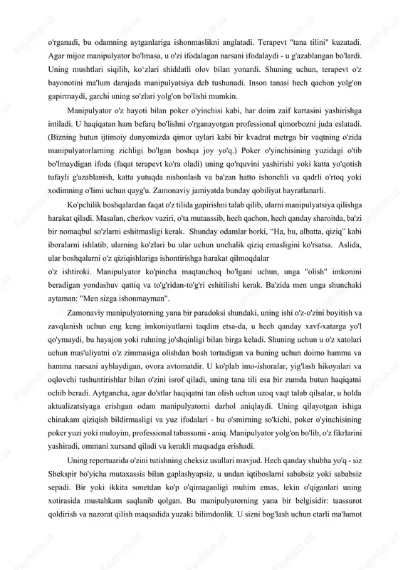 natdorman, chunki ularning tajribalari ushbu kitobdagi misollarning asosini tashkil qiladi. bolalik, o'smirlik va o'qituvchilik haqidagi boblarda men kerolin vinesdan alohida yordam oldim. men doktor jeyms bugentalning mening ishimni tanqidiy o'qiganini qadrlayman va uning sharhlari kitobimni mustahkamlaganiga ishonaman. ushbu kitobning muallifi betti lyuterning ishi, uning shaxsiy qiziqishi va qimmatli sharhlari alohida minnatdorchilikka loyiqdir. va nihoyat, shaxsiy suhbatimizda jon uisli noblga ushbu kitob haqida menga taklif qilgan texnik g'oyalari uchun o'z minnatdorchiligimni bildirmoqchiman. i qism. inson tanlovi - manipulyatsiya yoki aktualizatsiya? 1-bob. muammo ushbu asrning so'nggi yarmida biz zamonaviy manipulyatorni tushunishda juda uzoqqa bordik. biz bilamizki, masalan, manipulyator o'zini sevish, o'z bilimidan foydalanish va hayot va o'sish deb ataladigan tuyg'usini rivojlantirish qobiliyatiga ega emas. inson tabiatini tushunish manipulyator uchun faqat bitta maqsad uchun zarur - nazorat. men hammamiz haqida gapiryapman: u yoki bu darajada, siz, men - biz - o'zimizni kancada topamiz. shunday qilib, endigina yura boshlagan chaqaloq tez orada g'o'ng'irlashni o'rganadi …