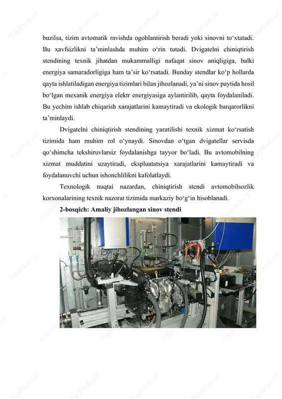 vtomobilsozlik korxonalari uchun strategik ahamiyatga ega jarayondir. bu jarayon dvigatel ishlab chiqarish bosqichida sifat nazoratini kuchaytirish, ekspluatatsiya xavfsizligini oshirish va energiya samaradorligini ta’minlash maqsadida amalga oshiriladi. har bir yangi stendning loyihasi ishlab chiqarish sharoitlari, mavjud texnik infratuzilma va mehnat resurslariga mos tarzda ishlab chiqiladi. amaliy jihatdan dvigatelni chiniqtirish stendini o‘rnatishdan oldin texnik tayyorgarlik ko‘rish muhimdir. bunga stend joylashadigan sexni tayyorlash, quvvat manbalarini o‘rnatish, sovutish tizimi va xavfsizlik vositalarini joylashtirish kiradi. stendning joylashuvi texnologik ketma-ketlikni buzmasligi va sinov jarayonini to‘sqinliksiz o‘tkazish imkonini berishi lozim. bu bosqichda sex ichidagi shamollatish, yoritish va energiya uzatish tizimlari ham standart talablarga moslashtiriladi. dvigatelni chiniqtirish stendining amaliy joriy etilishi uchun malakali mutaxassislar tayyorlash ham muhim o‘rin tutadi. operatorlar va texnik xodimlar stendning konstruktiv tuzilishi, boshqaruv tizimi, xavfsizlik choralaridan to‘liq xabardor bo‘lishlari zarur. ularning kasbiy tayyorgarligi sinov jarayonida yuzaga kelishi mumkin bo‘lgan xatoliklarning oldini oladi. bu borada o‘quv markazlari va texnik fakultetlar hamkorligida tayyorlov dasturlarini tashkil etish …
