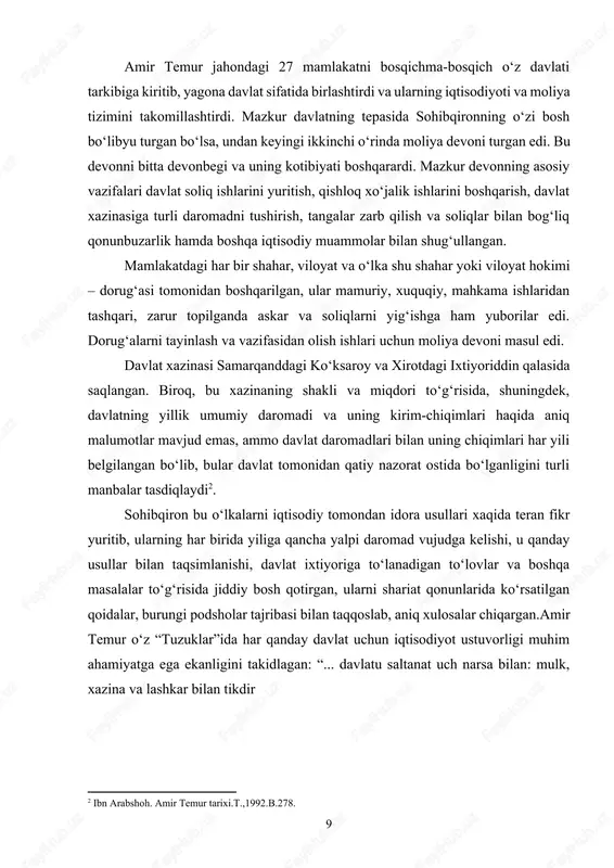 tanatning kuchsizlanishiga olib boradi”[footnoteref:4]. [4: temur tuzuklari. t., 2013.b. 143. ] bu davrdagi asosiy milliy daromad qishloq xo‘jaligidan kelar edi. “yana buyruq berdimki, - deb yozadi u “tuzuklar”da, -har mamlakat fath etilsa yoki jang dahshatlarisiz eminu omonlik tilasa, uning hosil va daromadlarini hisobga olsinlar. agar yerlik fuqaro azaldan berib kelgan xiroj miqdoriga rozi bo‘lsa, ularning roziligi bilan ish ko‘rsinlar, aks holda (xirojni) tuzukka muvofiq yig‘sinlar. yana amr qildimki, xirojni ekindan olingan hosilga va yerning unumdorligiga qarab yig‘sinlar. agar raiyat ro‘yxatga olingan yerlardan beriladigan soliqni naqd aqcha bilan to‘lashga rozi bo‘lsa, naqd aqcha miqdorini sarkorning hissasi hisoblangan g‘allaning mazkur davrdagi narxiga muvofiq belgilasinlar”. amir temurning o‘zi tuzgan saltanatida yuritgan iqtisodiy siyosati ayniqsa, pul-moliya tizimini rivojlantirishi mamlakatning iqtisodiy yuksalishiga kuchli tasir qilar edi. shuning uchun bu davlat ishlab chiqarish kuchlarining taraqqiyotiga, ichki bozor hamda tashqi dunyo bilan savdo-sotiqning o‘sishiga ham kuchli tasir ko‘rsatgan eng asosiy omillardan biriga aylangandi. pulning jamiyat iqtisodiyotida o‘ynagan …