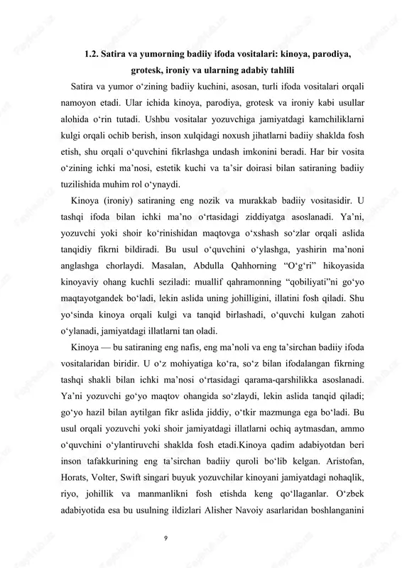 biatiga ko‘ra intellektual kulgi hisoblanadi. u o‘quvchidan fikr teranligini, yashirin ma’noni sezish qobiliyatini talab etadi. shu bois kinoya asosan badiiy adabiyotda, ayniqsa hikoya, roman va dramatik asarlarda kuchli estetik ta’sir ko‘rsatadi. o‘tkir hoshimovning “ikki eshik orasi” romanida ham kinoyaning ko‘plab shakllarini uchratamiz. yozuvchi hayotdagi paradokslarni so‘z o‘yini, kulgi va jiddiyat uyg‘unligi orqali ifoda etadi.zamonaviy adabiyotda kinoya inson va jamiyat o‘rtasidagi ziddiyatlarni, ijtimoiy muvozanatsizlikni, sun’iy hayot tarzini ochib berishda dolzarb ahamiyat kasb etadi. u shunchaki kulgi emas, balki haqiqatni o‘tkir tahlil vositasidir. shu bois kinoyaning badiiy tahlili shuni ko‘rsatadiki, u o‘quvchida estetik zavq uyg‘otish bilan birga, axloqiy uyg‘onish, ma’naviy tozalanish jarayonini ham boshdan kechirtiradi.[footnoteref:2] [2: abbosova munira. milliy adabiyot va yoshlar tarbiyasi. toshkent: yoshlar ishlari agentligi, 2021. – b. 7–88] parodiya — bu mavjud asar, uslub yoki shaxsning ijodiy uslubini taqlidan ko‘rsatish orqali kulgi uyg‘otuvchi, ammo chuqur mazmunli badiiy vositadir. parodiyada yozuvchi yoki shoir asl asarning shaklini, ohangini yoki til uslubini …