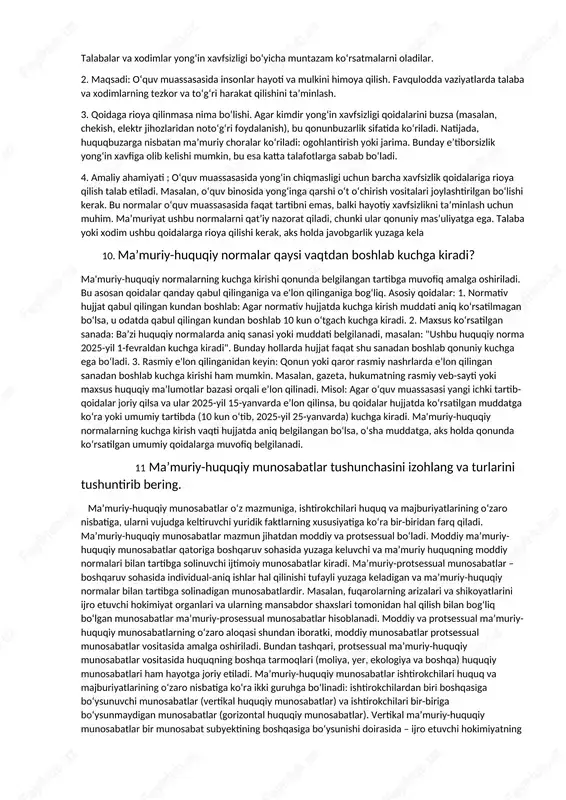 ositalari bilan ta’minlanadigan, joiz xulq-atvor me’yoridir. huquq normasi o‘z yuridik mazmuniga ko‘ra muayyan xulq-atvor qoidasi bo‘lib, unga rioya qilinishi turli tashkiliy, ma’rifiy va rag‘batlantirish vositalarini, shuningdek, ularga rioya qilmagan shaxslarga nisbatan yuridik majburlov (intizomiy, ma’muriy, moddiy, jinoiy javobgarlik) choralarini qo‘llashni nazarda tutadi. ushbu xususiyatlar ma’muriy-huquqiy normalarga ham xosdir. ular davlat-boshqaruv faoliyatining asosiy ko‘rsatkichlarini va mazkur faoliyat jarayonida yuzaga keluvchi boshqaruvga doir munosabatlarni (masalan, shaxsning, ijro etuvchi hokimiyat subyektlarining huquqiy maqomini) belgilaydi. ma’muriy-huquqiy normalarning quyidagi funksiyalarini farqlash mumkin: – ijro etuvchi hokimiyat tizimi va uning ayrim bo‘g‘inlari tashkiliy faoliyatini tartibga solish hamda ular o‘rtasidagi o‘zaro oqilona aloqani ta’minlash; – davlat boshqaruvi sohasida fuqarolarning, shuningdek, jamoat birlashmalarining huquq va erkinliklari ro‘yobga chiqarilishi va himoya qilinishini ta’minlash; – davlat boshqaruvi sohasida bevosita ish olib boruvchi va muayyan hajmda uning funksiyalarini bajaruvchi (masalan, mahalliy hokimliklar) yoxud o‘z harakatlari bilan bu soha (masalan, fuqarolar, jamoat birlashmalarining) manfaatlariga u yoki bu tarzda daxl etuvchi barcha shaxslar …