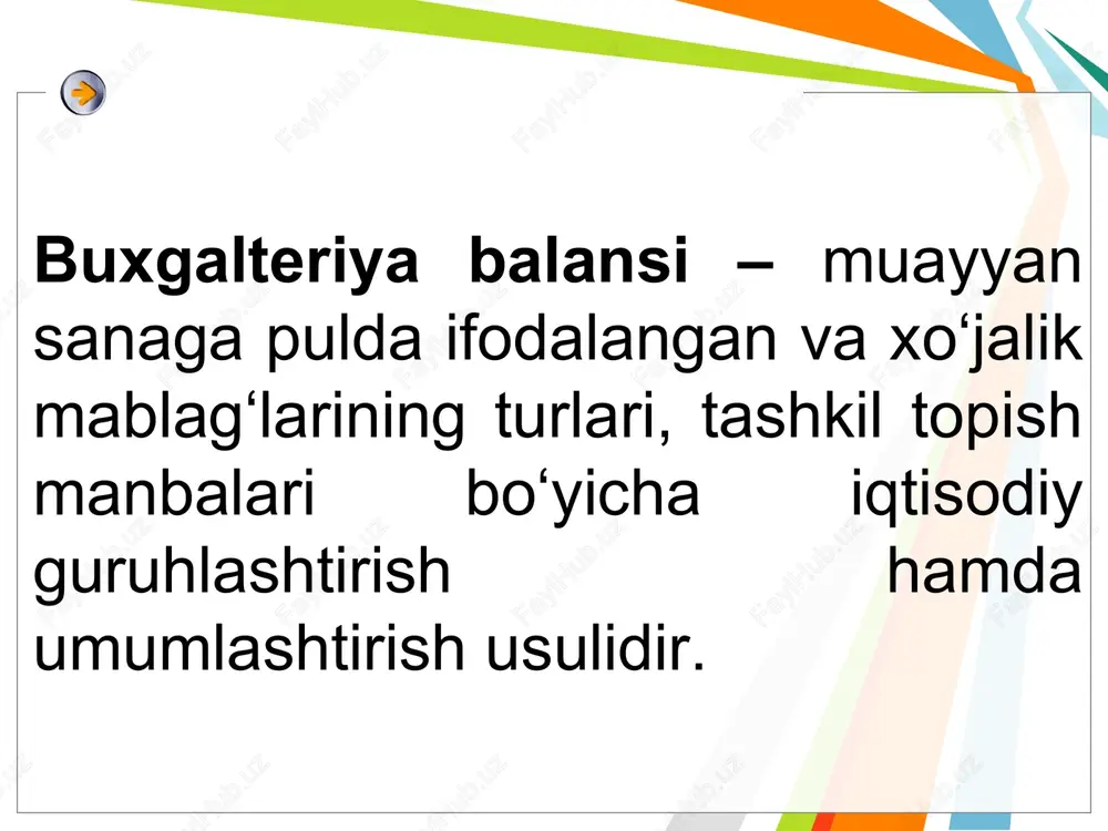 chlar moliyaviy barqarorlik mutloq ko’rsatkichlar orqali tahlil qilish. № ko’rsatkichlar shartli belgi yil boshi yil oxiri 1 o’z mablag’larining manbalari(480 satr) o’mm 3306444,3 4151143 2 uzoq muddatli aktivlar(130 satr) uma 2796290,3 3338640,8 3 o’z oborot mablag`lari (1 satr – 2 satr) o’ma 510154 812502,2 4 uzoq muddatli kredit va qarzlar(570+580 satr) uk 515200 2134955 5 zaxira va xarajatlarni qoplashga tegishli o’z aylanma mablag’lari va uzoq muddatli qarz majburiyatlari (3 satr+4 satr) o’u 1025354 2947457,2 6 qisqa muddatli kredit va qarzlar(730+740 satr) qk 762496,8 198798,1 7 zaxira va xarajatlarni qoplashning jami manbalari (5 satr+6 satr) jm 1787850,8 3146255,3 8 tovar-moddiy zahiralar(140 satr) z 891800,7 1346889 9 zaxira va xarajatlarni qoplashga o’z aylanma mablag’larining ortiqcha (+) yoki etishmasligi (-) (3 satr-8 satr) ∆o’am -381646,7 -534386,8 10 zaxira va xarajatlarni qoplashga o’z aylanma va uzoq muddatli kredit va qarz majburiyatlarining ortiqcha (+) yoki etishmasligi (-) (5 satr-8 satr) ∆o’u 133553,3 1600568,2 11 zaxira …