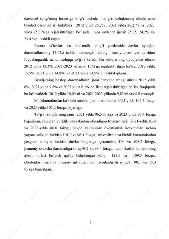 ar bo’lmaydi: notijorat tashkilotlar. tadbirkorlik faoliyatini amalga oshirayotganda notijorat tashkilotlar o’zi tadbirkorlik faoliyatini amalga oshirishdan olingan foydadan soliq to’lovchi bo’ladi; soliq kodeksiga muvofiq soliq solishning soddalashtirilgan tartibi nazarda tutilgan yuridik shaxslar. yuridik shaxslarning jami daromadga quyidagilar kiradi: tovarlarni (ishlarni, xizmatlarni) realizatsiya qilishdan olinadigan daromadlar; boshqa daromadlar. o’zbekiston respublikasidagi to’lov manbaida soliq solinadigan dividendlar va foizlar jami daromaddan chegirib tashlanadi soliq solinadigan baza jami daromad bilan soliq kodeksiga asosan chegrib tashlanadigan xarajatlar o’rtasidagi farq, shuningdek foydaning kamaytirilish summalar hamda o’zbekiston respublikasi prezidentining qarorlarida nazarda tutilgan imtiyozlarni inobatga olgan holda belgilanadi. quyidagi 12-rasvda yuridik shaxslarning foyda solig’i stavkalari keltirilgan. yuridik shaxslardan olinadigan foyda solig’i stavkalari yildan yilga kamayish tendentsiyasiga ega. 2009 yilda korxonalarning foyda solig’i stavkasi 10% bo’lgan bo’lsa, 2010 2021 yillarda 9%ni, 2023 yilda 8%nitashkil etgan va bu soliq turi bo’yicha soliq stavkasi 2015 yilda 7,5% qilib belgilandi. shu bilan birgalikda soliqlardan eksporter korxonalar uchun imtiyoz belgilangan, ya’ni o’zi ishlab chiqargan …