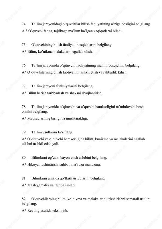 huncha — bu: ==== #tushuncha tasavvur singari narsalarning umumiy muhim belgilarini aks ettiradi ==== ++++ ong nima? ==== #ong psixikaning yuksak darajasi bo’lib, u kishining mehnat faoliyati va o’zaro munosabatlar jarayoni maxsulidir ==== ++++ ong va faoliyatning birligi bu – ==== #ong va faoliyat bir –biriga qarama –qarshi emas, o’xshash ham emas, ammo ular bir –birini taqozo qiladi ==== ++++ faoliyat nima? ==== #odamning tashqi (jismoniy) va ichki (psixologik) faolligi ==== ++++ ko’nikma bu – ==== #faoliyatdagi ish –harakatlarni o’zlashtirish jarayoni ==== ++++ moddiy va ma’naviy qadriyatlarni yuzaga keltiradigan mavjud bo’lishning asosiy sharti hisoblangan faoliyat turini belgilang. ==== #mehnat ==== ++++ ongning paydo bo’lish shart – sharoitlarini aniqlang? ==== #o’zaro munosabat va mehnat faoliyati jarayoni ==== ++++ ongning rivojlanish manbai nimada? ==== #ijtimoiy muhit, ta’lim – tarbiya, mehnat, faollik ==== ++++ motiv bu – ==== #ehtiyojlarni qondirish bilan bog’liq bo’lgan faoliyatga moyillik ==== ++++ shaxs ta’rifini aniqlang: ==== #jamiyat a’zosi …