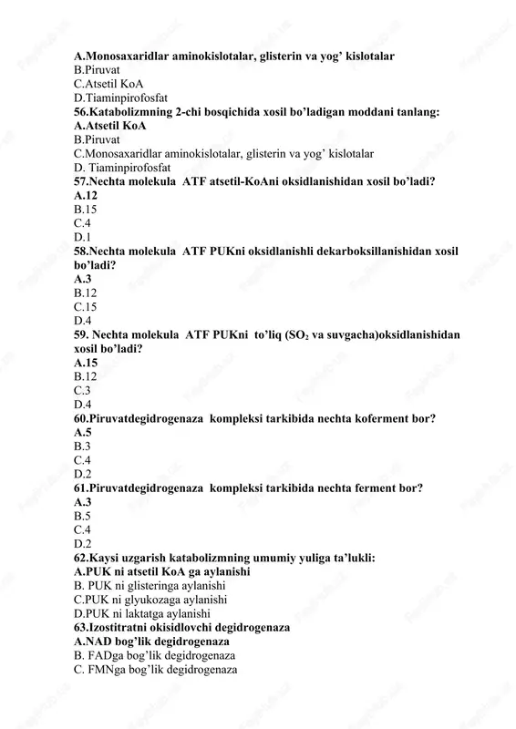 rlari gidroksillanishga uchraydi: prolin va lizin · valin va gistidin · leysin va gistidin · alanin va glisin 101. tish emali uchun xos: kollagenni yo‘qligi · kollagen i tip · kollagen ii tip · kollagen iii tip 102. syementoblastlarda kollagen sintezi quyidagi modda hosil bo‘lishi bilan tugallanadi: prokollagen · tropokollagen · propeptid · yetuk kollagen 103. og‘iz suyuqligida qaysi moddani ko‘payishi og‘iz bo‘shlig‘i kapillyarlari o‘tkazuvchanligini ortishini belgisi sanaladi: albumin · gistatin · amilaza · staterin 104. so‘lakning qanday oqsili kalsiy tuzlari kristallarini o‘sishini kuchli ingibitori xisoblanadi: prolinga boy oqsillar · gistatinlar · musinlar · staterinlar 105. tish syementi mineralizatsiya soxalarida sa2+ ionlari bilan to‘yinishi quyidagilar ishtirokida amalga oshadi: gla-proteinlar · kollagen tolalar · proteoglikanlar · fibronektin 106. ovqat va suv tarkibida ftoridlarni yetishmovchiligi quyidagi patologiyani kelib chiqishiga olib keladi: kariyes · emal gipoplaziyasi · emalning kislotali nekrozi · mikrodentiya 107. tish syementi apatitlari kristall komponentlari kamayib borish tartibida quyidagicha joylashadi: …