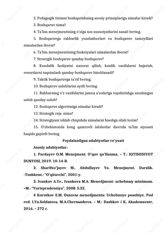 alari 2. boshqaruvning asosiy tushunchalari 3. boshqaruv tamoyillari 4. boshqaruv uslublari 5. boshqaruv funksiyalari menejment – inglizcha so‘z bo‘lib, boshqaruvni tashkil etish (boshqarish, boshqaruv hokimiyati, tashkil etish), rahbarlik qilish (rejalashtirish, tartibga solish, muvofiqlashtirish, nazorat qilish) ma’nolarini anglatadi. menejment – bu ko‘zlangan maqsadlarga erishish uchun faoliyatni, ya’ni insonlar yoki ularning guruhlari faoliyatini muvofiqlashtirish hamda boshqarish usullari, shakllari va vositalari majmui. sodda qilib aytganda, menejment umumiy holda u yoki bu faoliyat turini tashkil etishni va unga rahbarlik qilishni, ya’ni turli sohalarda faoliyat ko‘rsatayotgan insonlarning xatti-harakatlarini, munosabatlarini muvofiqlashtirish, ularning imkoniyatlari va qobiliyatlaridan to‘g‘ri foydalanishni tashkil etish, nazorat qilish va boshqarishni bildiradi. menejment eng avvalo insonlarni boshqaradi, ularni o‘z faoliyatiga qiziqtirish, tadbirkorlikka, mehnatga ijodiy yondashish, o‘ziga ishonish tuyg‘ularini shakllantirish, sohalar bo‘yicha bilim, ko‘nikma va malakalarni egallashiga ko‘maklashish, yangilikka va ijodkorlikka chorlash, insonlarning faoliyatini boshqarish demakdir. ta’lim menejmenti – bu ilmiy asosda tashkil etilgan, o‘ziga xos pog‘onaviylikka asoslangan boshqaruv: rahbar, pedagogik jamoa, ta’lim oluvchilar jamoasi. …