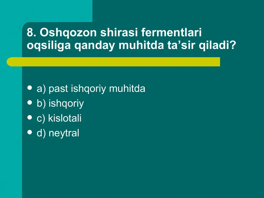 fosfor, azot, mis d) alyuminiy, yod, xlor, brom 93. tashqi muxit harorati oshganda….. 1.qon tomirlar torayadi 2.qon tomirlar kengayadi 3.yurak ishi tezlashadi 4.yurak ish sekinlashadi 5.so’lak bezlarining ishi kuchayadi 6.so’lak bezlarining ishi susaysadi 7. ichaklar harakati kamayadi 8.ichaklar harakati ortadi a) 2,3,6,7 b) 1,4,5,8 c) 2,4,6,7 d) 2,3,5,7 94. organizmda qaysi tuzlar almashinuvining buzilishi sababli raxit kasalligi kelib chiqadi? a) fosfor va kaliy b) fosfor va natriy c) natriy va kalsiy d) kalsiy va fosfor 95. oqsillarni parchalovchi fermentlar qanday ataladi? a) lipaza b) ptialin c) karbogidraza d) proetaza 96. nos chekuvchilarda qaysi kasalliklar ko’p uchraydi? 1.og’iz bo’shlig’i raki 2.qizilo’ngach raki 3.o’n ikki barmoqli ichak raki 4.me’da raki 5.yo’g’on ichak raki 6.o’pka raki a) 1,3,4 b) 1,2,4 c) 1,2,6 d) 1,4,5 97. odam organizmida qaysi vitamin yetishmasligi natijasida teri quruqlashib yoriladi, nafas yo’llari va oshqozon-ichak ichki qavatining yallig’lanishi kasalliklari yuzaga keladi? a) a vitamini b) k vitamini c) b vitamini …