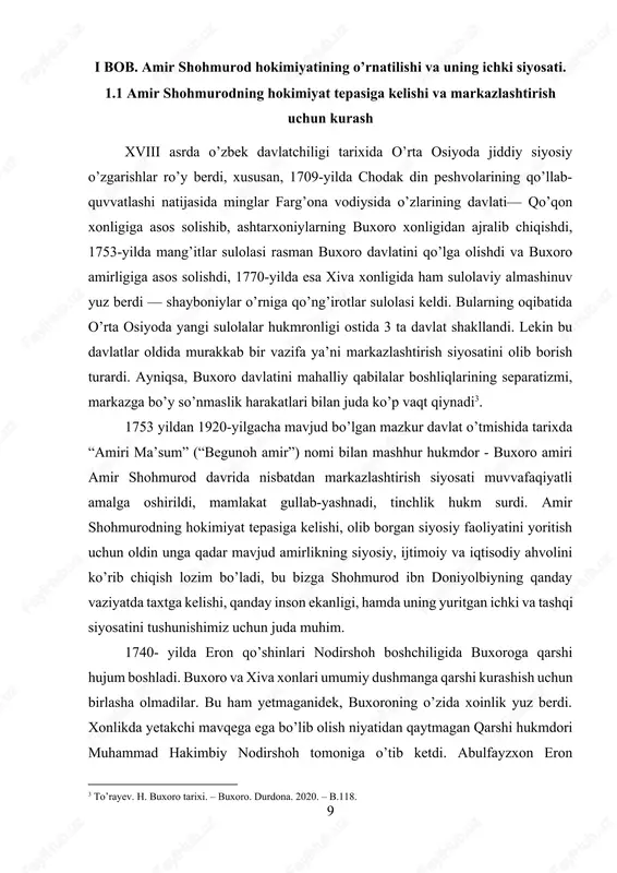 davlatni boshqarish ishlarida shu vaqtgacha davom etib kelgan aralashuvlarini keskin kamaytirishga erisha oldi. shunday bo’lsa-da, u barcha bekliklarning markaziy hokimiyatni tan olishlariga to’la muvaffaq bo’la olmadi. muhammad rahimxon vafotidan so’ng uning amakisi doniyolbiy otaliq hokimiyatni o’z qo’liga oldi (1758-1785). u o’zini xon atamadi va abulfayzxonning nabirasi abulg’ozini taxtga o’tqazdi. doniyolbiy ham otaliq mansabini, ham amaldagi hukmdorlikni o’z qo’lida saqlab qoladi. u o’z qo’shinlarini mustahkamlashga, unga tayanib ish ko’rishga harakat qildi. barcha mang’it beklariga katta yer-mulkni tanho qilib berdi. xalqdan olinadigan soliqlarni ko’paytirdi. uning davrida balx, hisor, ko’lob, o’ratepa bekliklarining mustaqillikka intilishlari kuchaydi. katta yer egalari, qushbegi va qozikalonlarning o’zboshimchaligini esa sindira olmadi. miyonqal’a va samarqanddagi qabilalarning qarshiligini bartaraf eta oldi, lekin shahrisabz kenagas qabilasini bo’y so’ndira olmadi. doniyol otaliq davrida notinchlik hukm surdi: madrasalar faoliyati zaiflashdi, qishloq xo’jaligi og’ir ahvolga kelib qoldi, ichki va tashqi savdo qisqardi, xalq hayoti juda ham og’irlashib qoldi. bundan tashqari qabilalar o’rtasida qabilaviy mavqei, markaziy …