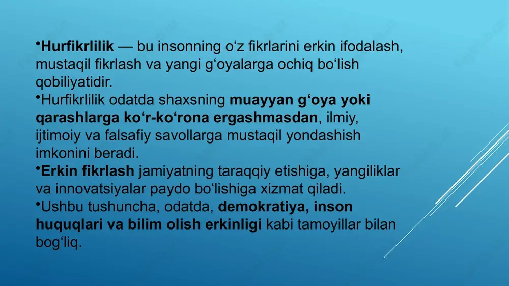 tlaridan ustundir. unga ko‘ra, haqiqiy bilish allohni tan olish va unga yaqinlashishda namoyon bo‘ladi. gʻazoliyning tasavvufga asoslangan dunyoqarashi allohga to‘liq taslim bo‘lish va bandaning itoatkorligini qamrab oladi. erkinlik va inson qadr-qimmati berdyaev: inson erkinligi va ijodi berdyaev falsafasining markazida turadi. unga ko‘ra, inson faqat erkin bo‘lganidagina haqiqiy maʼnaviy tajribaga ega bo‘lishi va o‘zligini anglashga erishishi mumkin. gʻazoliyning: erkinlikni ilohiy hukmronlik ostida ko‘radi. insonda havo (nafs) bor va bu havo allohning irodasi ostida yo‘naltirilishi kerak. insonning vazifasi o‘zligini ilohiy nuqtai nazardan anglash va kamtarlikdir. bilim va haqiqat berdyaev: u ilmiy bilim va falsafiy izlanish orqali haqiqatga yetishishni yoqlaydi. biroq, u ratsionalizm va mantiqiy bilimni insoniy erkinlik bilan uyg‘unlashtiradi, bu orqali inson chuqur maʼnaviy bilimga yetadi. gʻazoliyning: gʻazoliy falsafiy bilimni cheklangan deb hisoblaydi va haqiqiy bilim faqat allohga yaqinlashish orqali hosil bo‘ladi, deb taʼkidlaydi. haqiqiy bilimni qalb va ruh orqali olish mumkin, bu esa shaxsiy tajriba va tasavvufiy yo‘l bilan erishiladigan narsa. …