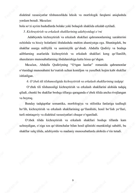 mehmon) kabi. yuqori hissiy o‘lchov: kichraytirish va erkalash affikslari yordamida so‘zga hissiy o‘lchov qo‘shiladi, bu yaqin va mehrli munosabatni ta’kidlaydi. shu sababli, bu affikslar oila a’zolari, do‘stlar, va kichik yoshdagilar bilan muloqotda ko‘proq qo‘llaniladi. o‘zbek tilida kichraytirish va erkalash affikslari boy semantik qirralarga ega bo‘lib, ular tilga samimiylik, yaqinlik va yumshoqlik ohangini qo‘shadi. ushbu affikslarning xilma-xilligi va ishlatilish holatlari o‘zbek tilining o‘ziga xosligini ko‘rsatadi. yaxshisi, bu affikslarning qo‘shimcha qirralari, ularning kelib chiqishi va boshqa kontekstlardagi ishlatilish xususiyatlari haqida yanada batafsil ma'lumot bilan tanishib chiqaylik. 1. kichraytirish va erkalash affikslari turlarining kelib chiqishi o‘zbek tilida kichraytirish va erkalash affikslari qadimiy turkiy tillardan qolgan bo‘lib, ular turli tarixiy davrlarda shakllangan. bu affikslar boshqa turkiy tillarda ham mavjud bo‘lib, tilning iliqlikni ifodalovchi qismiga aylanib qolgan. masalan, "- jon" affiksi qadimgi turkiy tilning "jan" so‘zidan kelib chiqib, "jon, qalb" ma’nosini bildirgan. 2. kichraytirish va erkalashning tuzilishi o‘zbek tilida kichraytirish va erkalash faqatgina affikslar yordamida …